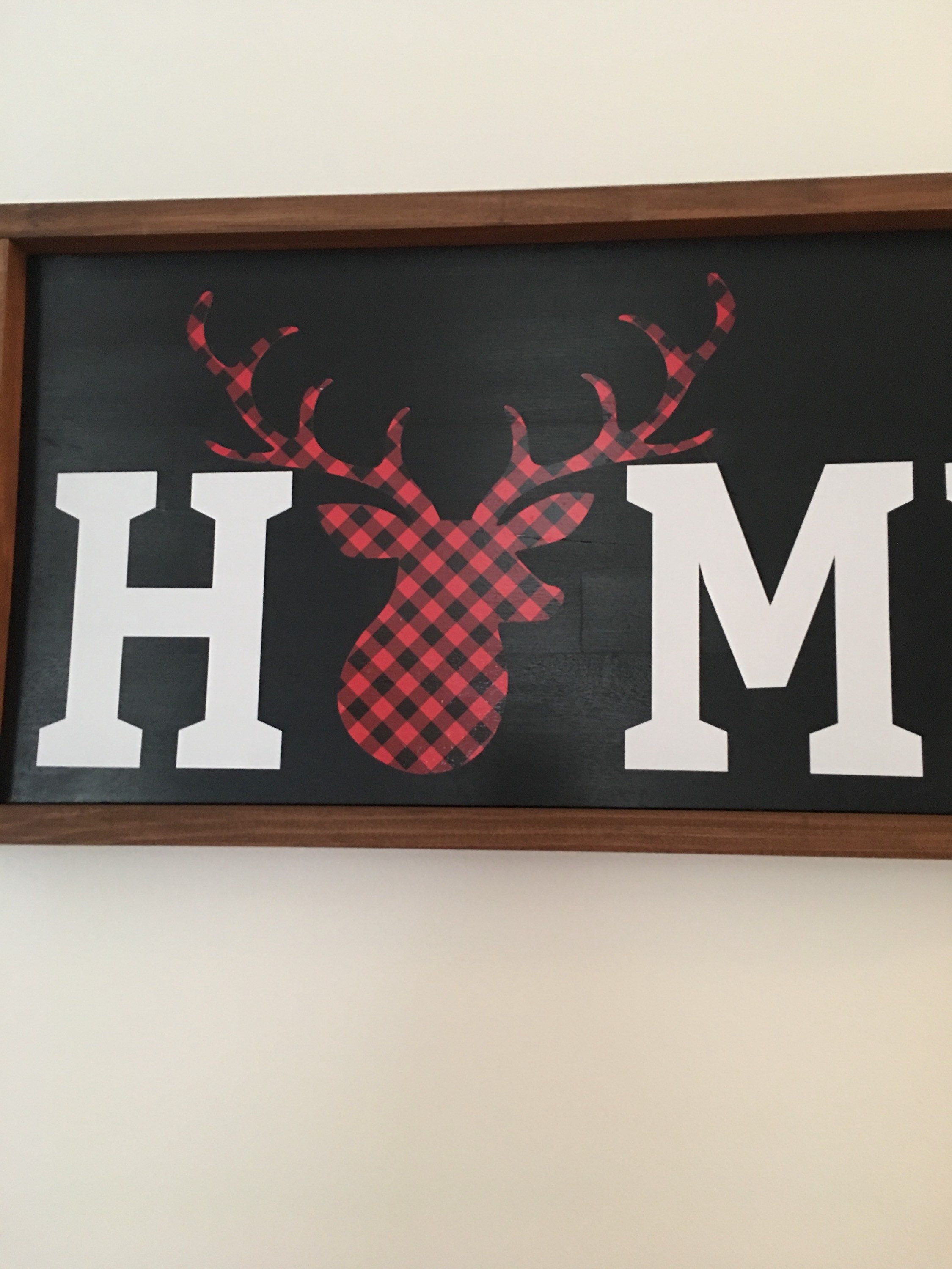 13" x 19" | Farmhouse | Buffalo Plaid Deer | Home | Framed | Rustic Wooden | Sign