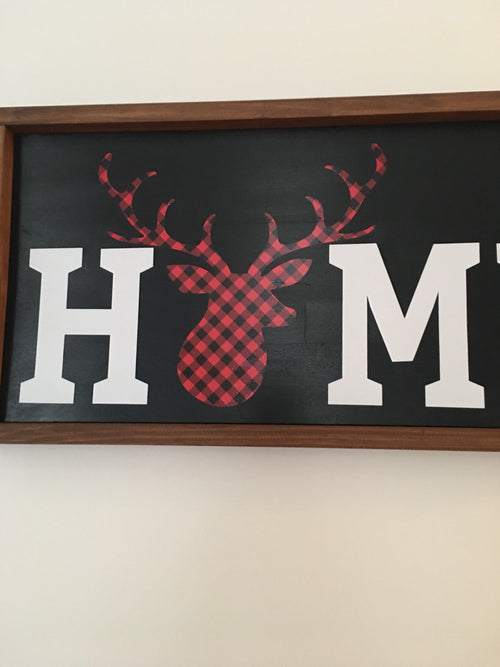 13" x 19" | Farmhouse | Buffalo Plaid Deer | Home | Framed | Rustic Wooden | Sign
