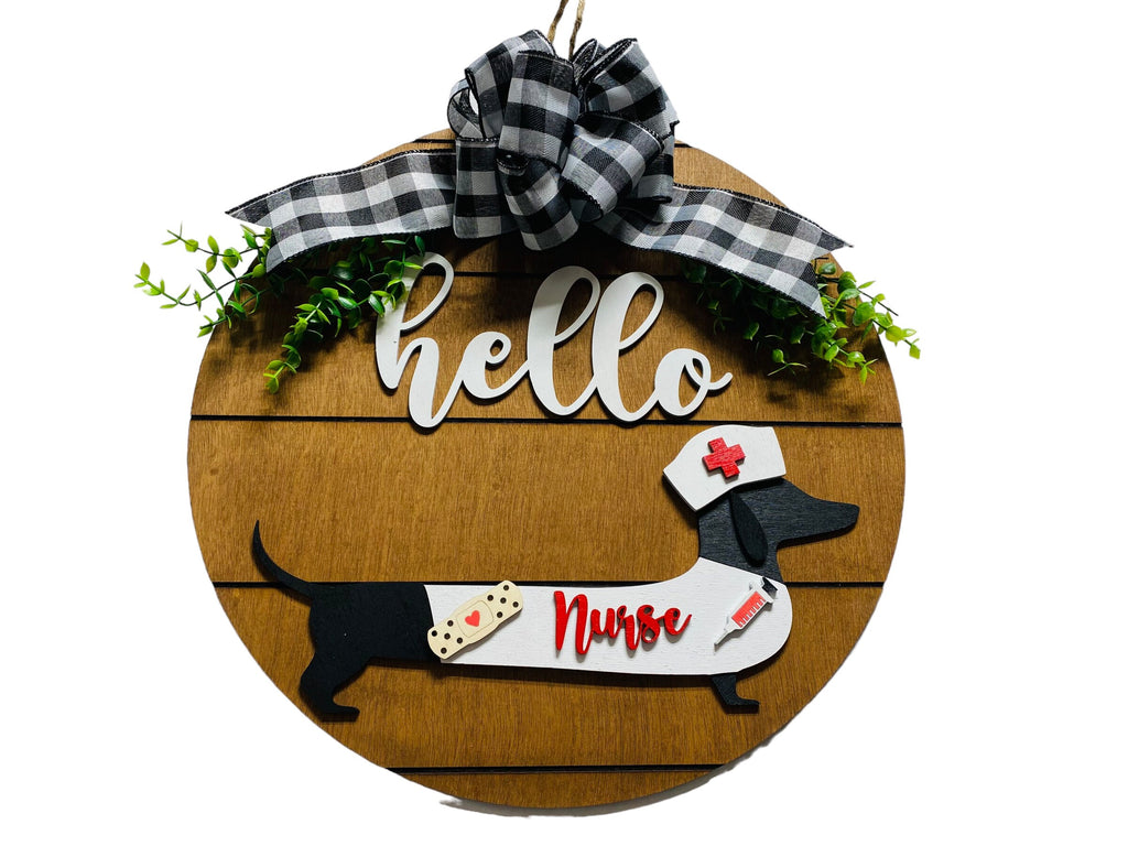 Add on Outfit for Dachshund Doxie - Nurse - Nurses Day- Weiner Dog - Large Round Wooden Shiplap Door Hanger / Wreath / Sign
