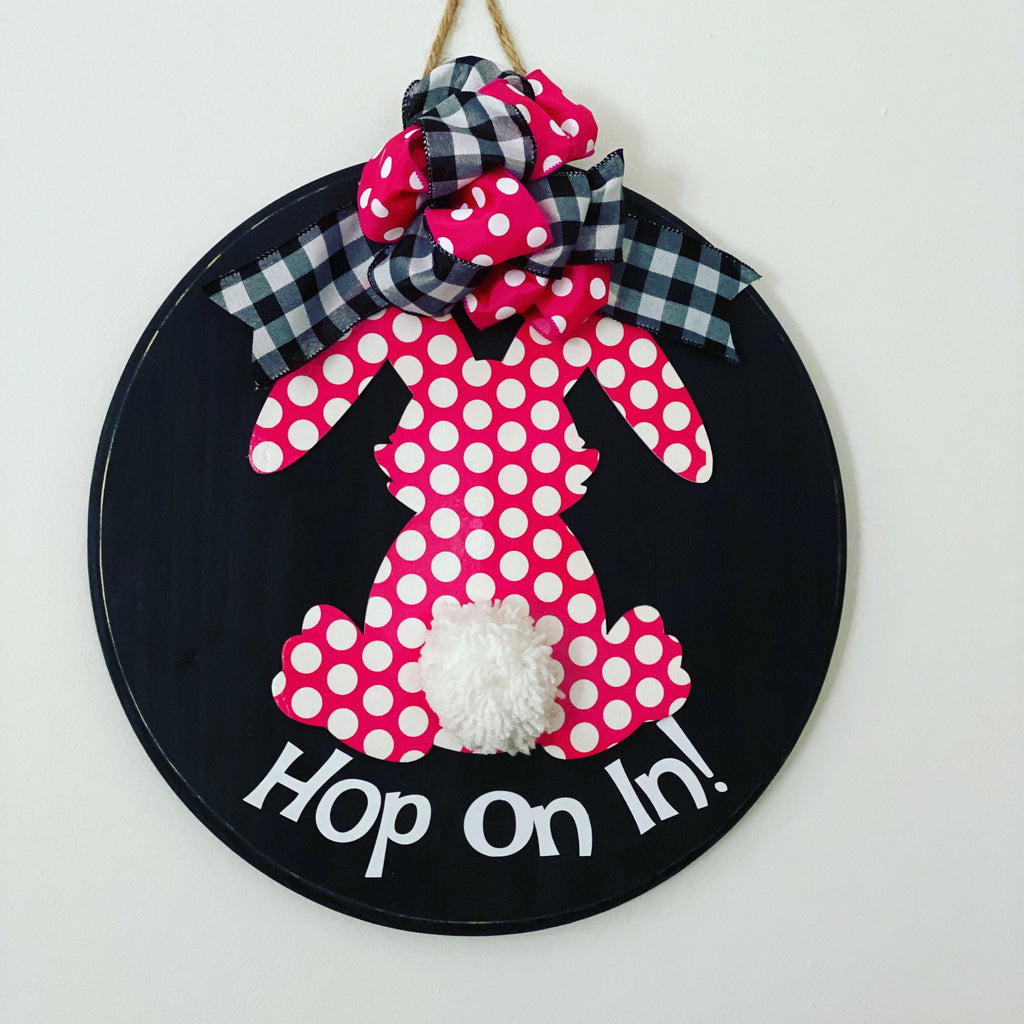 Hop On In - Polka Dot Easter Bunny - Wooden Door Sign / Wreath