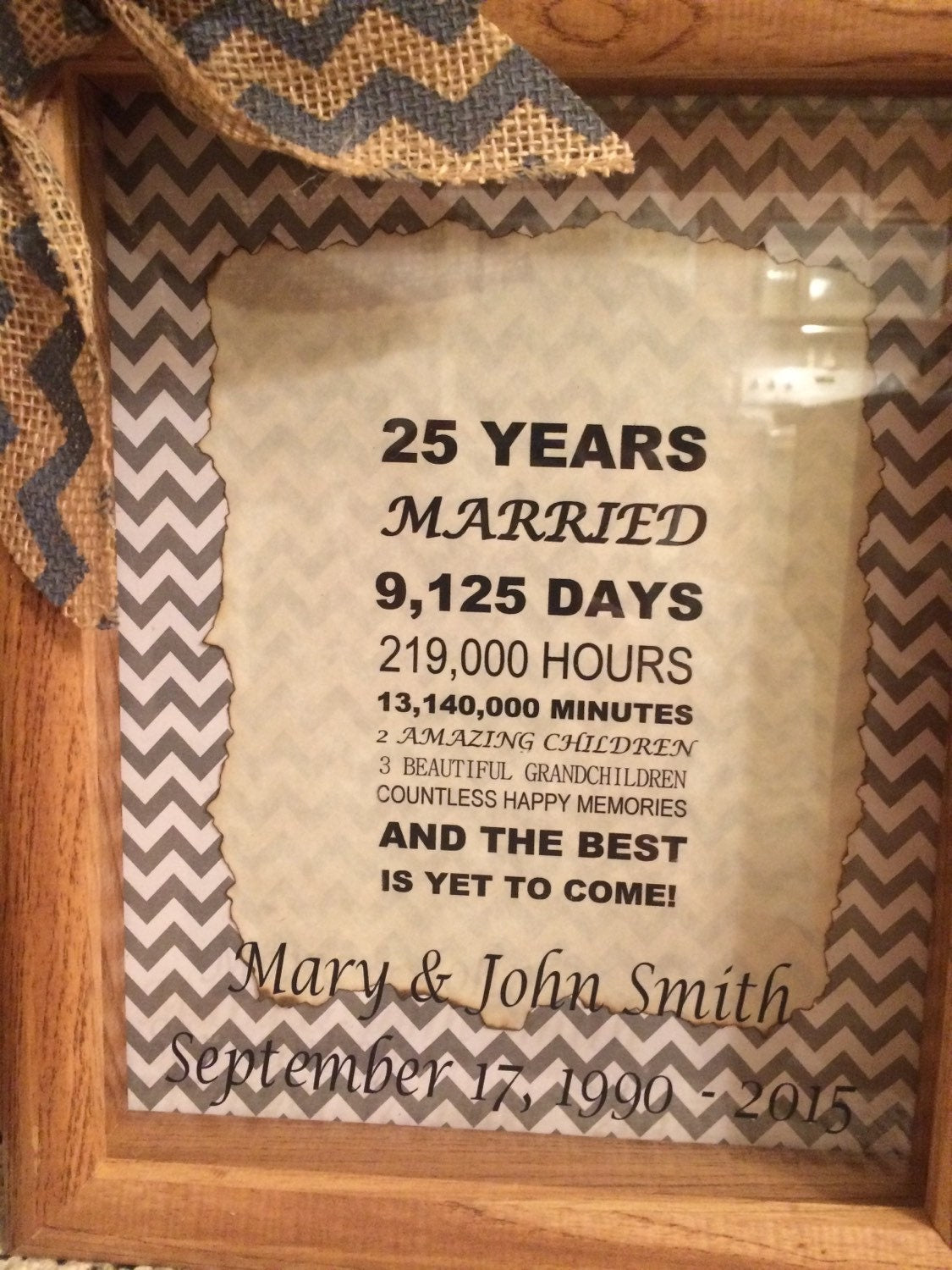 Personalized 25th Wedding Anniversary Gift Years, Months, & Days Countdown 8 x 10 Wooden Shadow Box