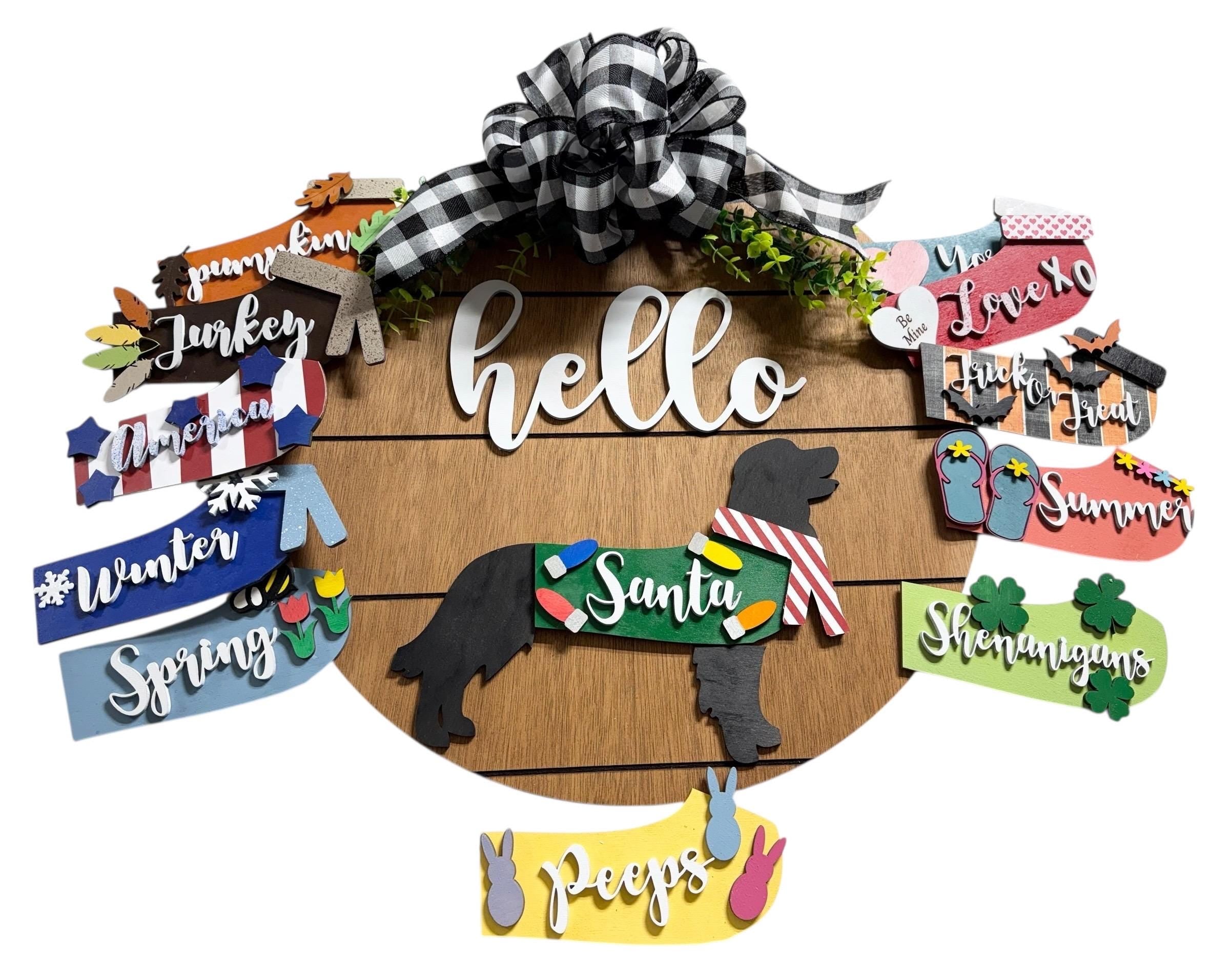 Hello Golden Retriever - Interchangeable Holidays Seasons - Large Round Wooden Shiplap Door Hanger / Wreath/Sign - Gift Mom
