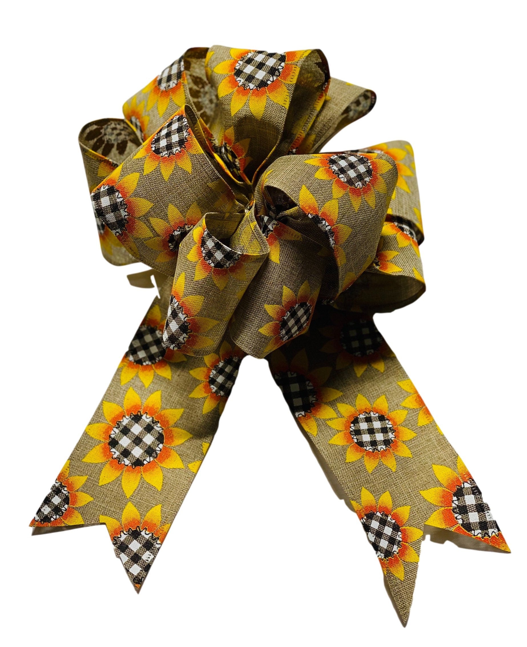 Sunflower- White/Black Buffalo Plaid - Burlap - Spring Summer Fall - Add On Bow for Wreaths or Signs - Puffy Fluffy Bow for Gift or Present