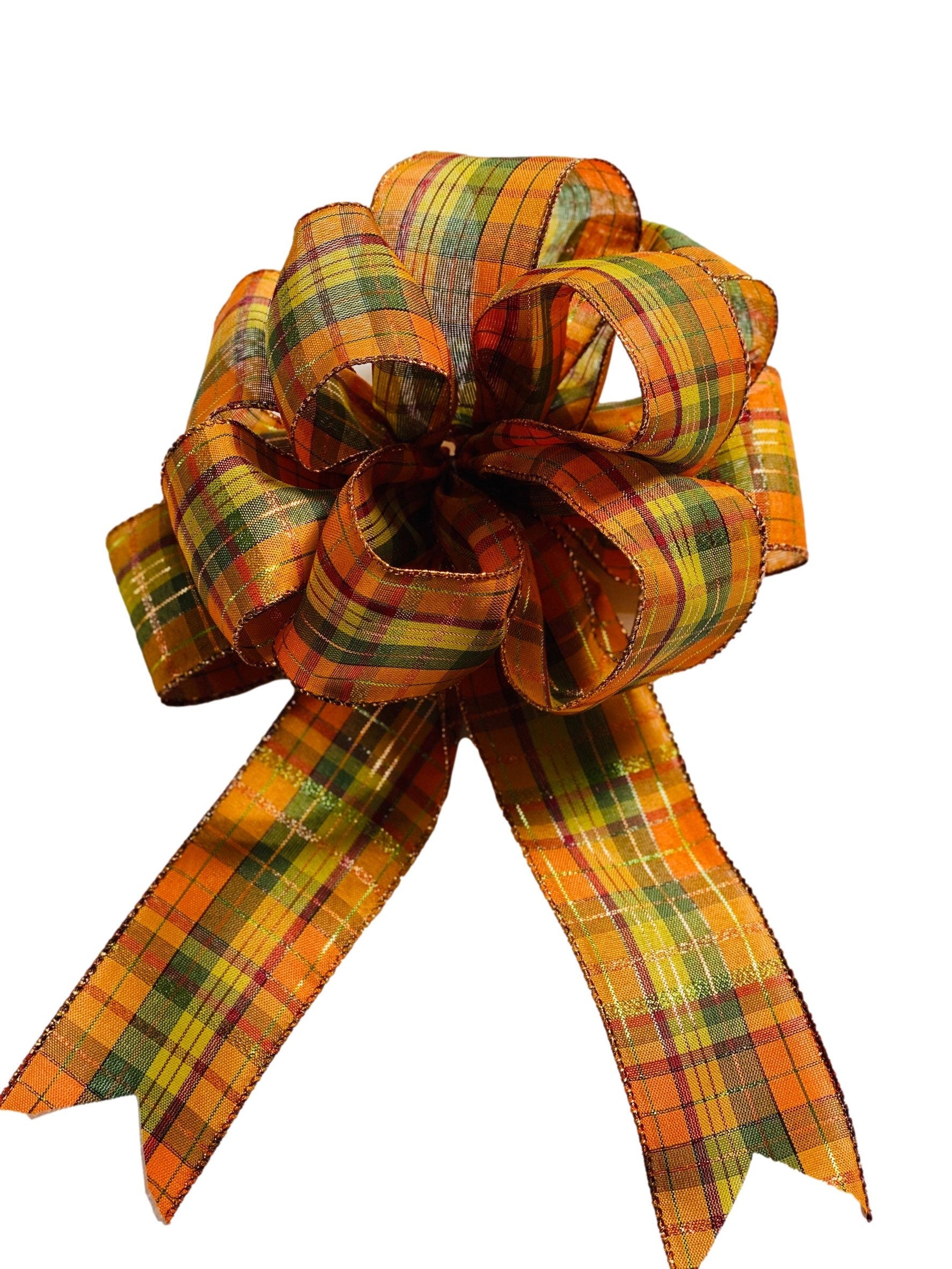 Orange Green Yellow Plaid - Fall Thanksgiving - Add On Bow for Wreaths or Signs - Puffy Fluffy Bow for Gift or Present