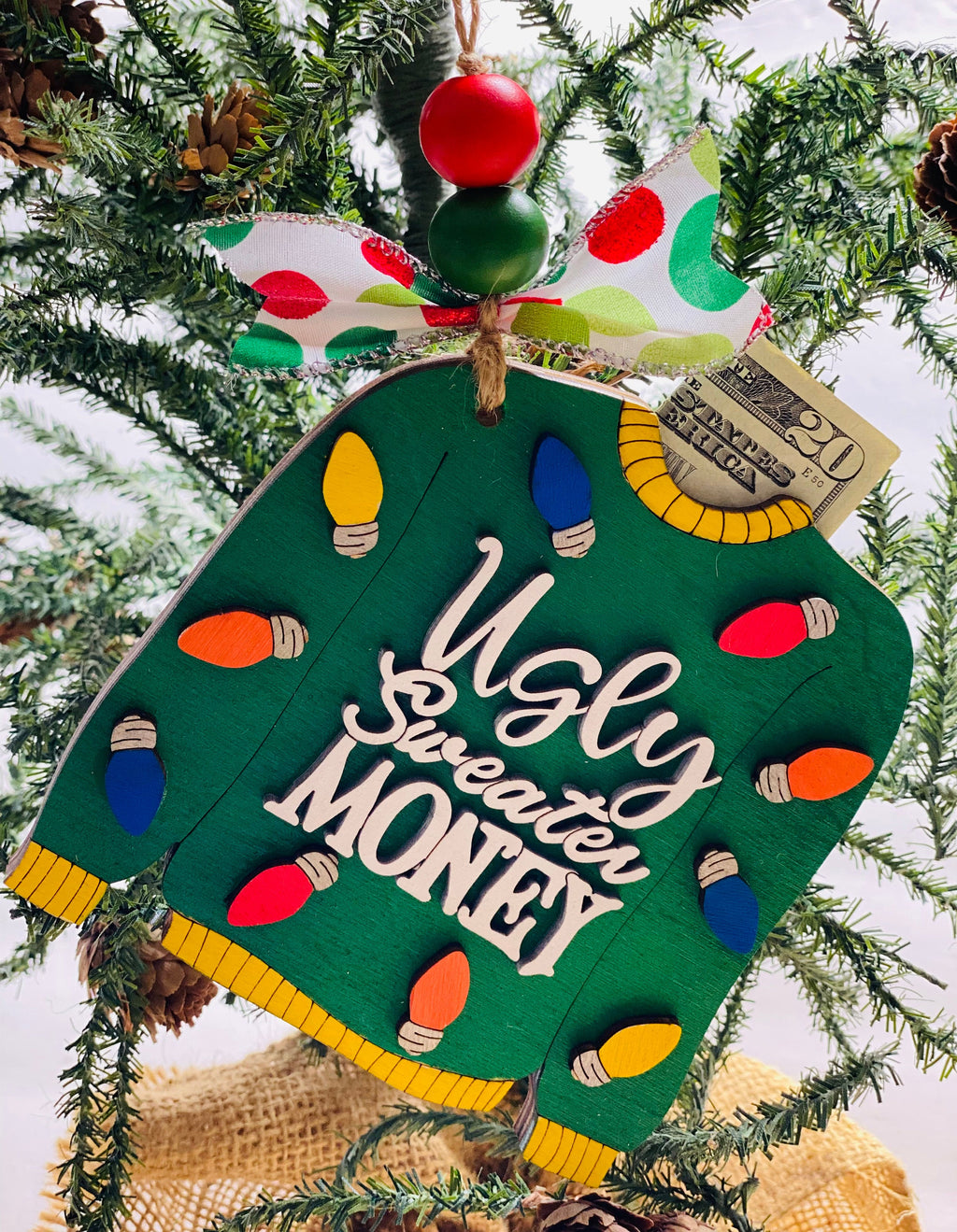 Ugly Sweater -  Christmas Money or Gift Card Holder - Wooden Ornament