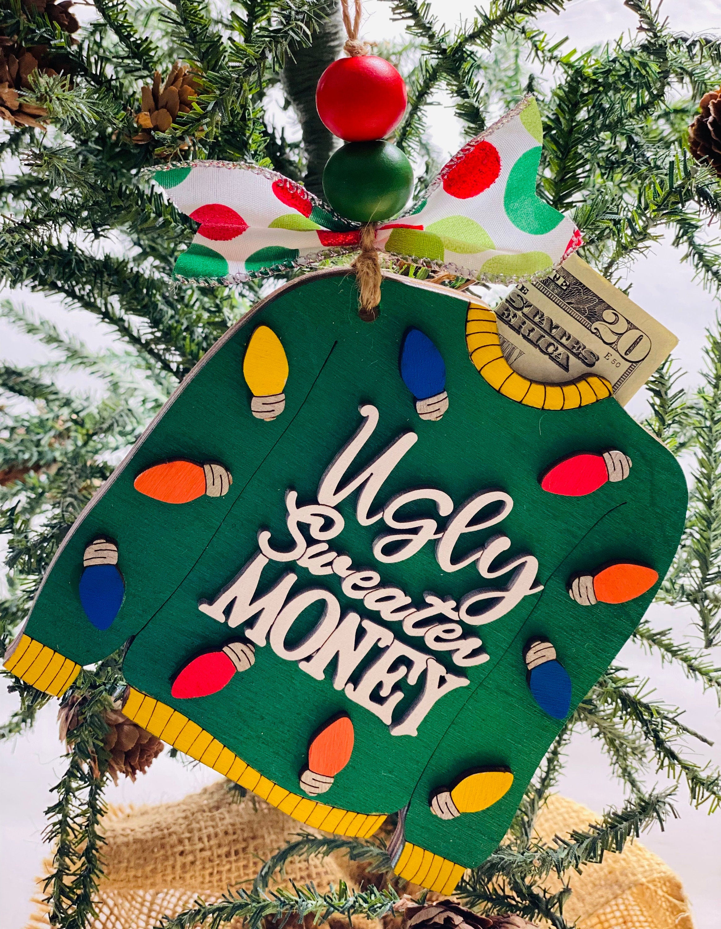 Ugly Sweater -  Christmas Money or Gift Card Holder - Wooden Ornament