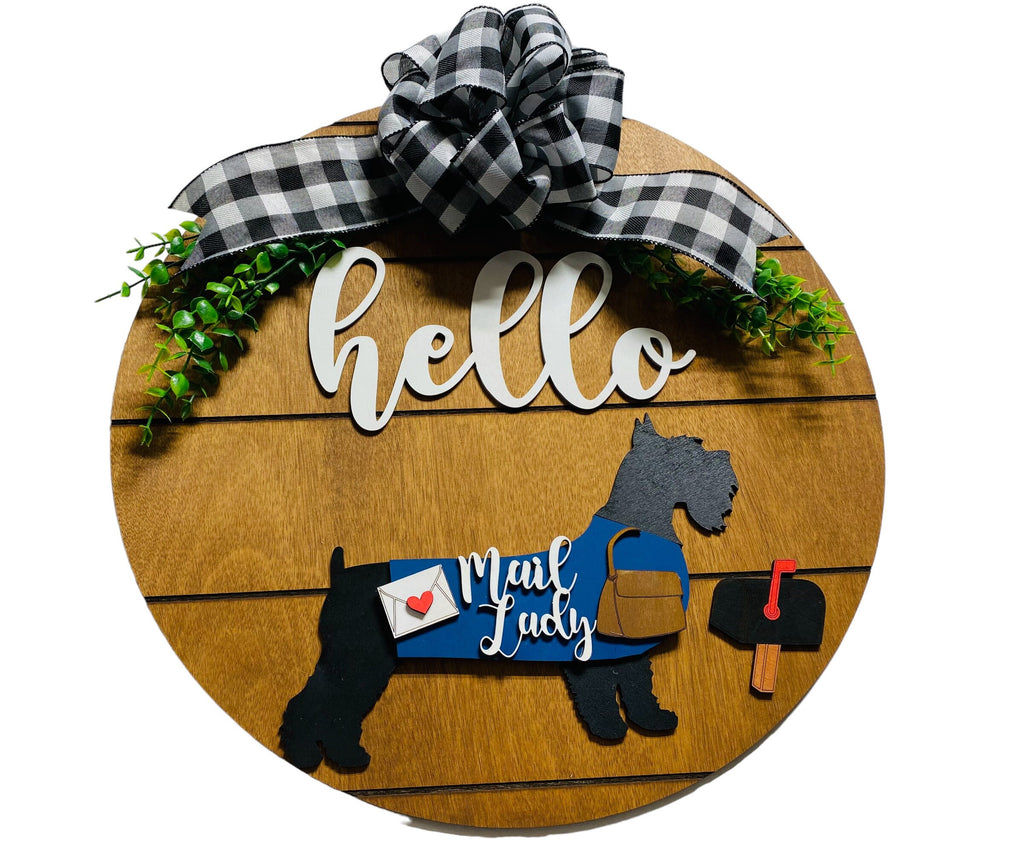 Add on Outfit for Schnauzer Yorkie Frenchie Pug -  Mail Lady - Dog - Large Round Wooden Shiplap Door Hanger / Wreath / Sign