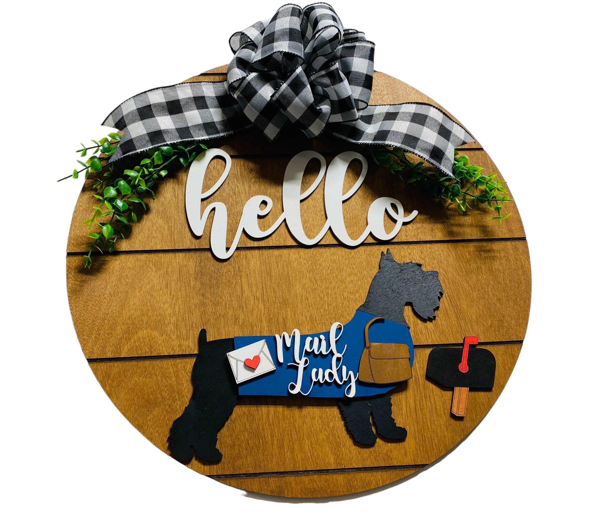 Add on Outfit for Schnauzer Yorkie Frenchie Pug -  Mail Lady - Dog - Large Round Wooden Shiplap Door Hanger / Wreath / Sign