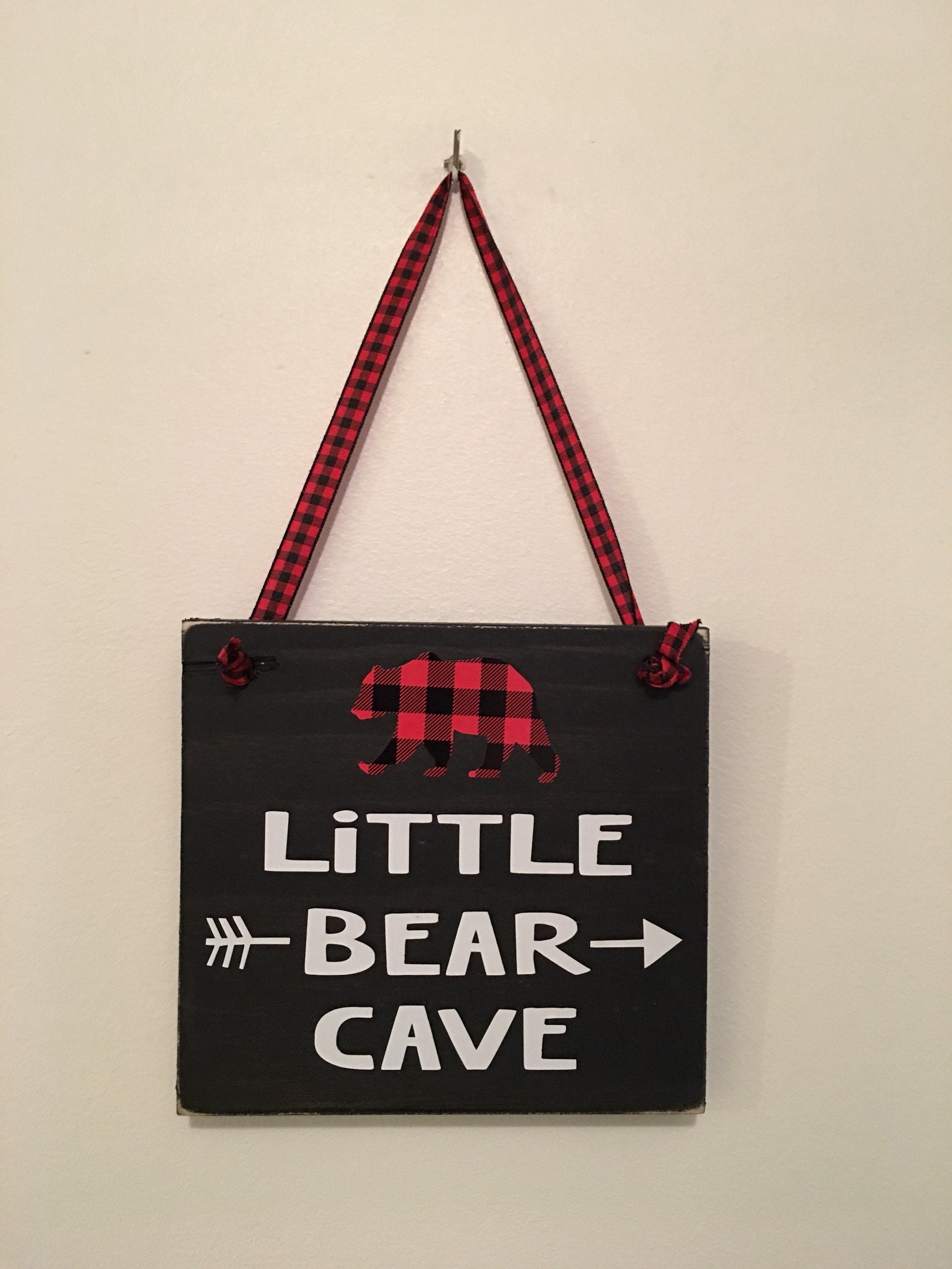 Black | Rustic | Little Bear Cave | Buffalo Plaid | Wooden | Door Sign | Door Hanger| Little Boys Room | Nursery