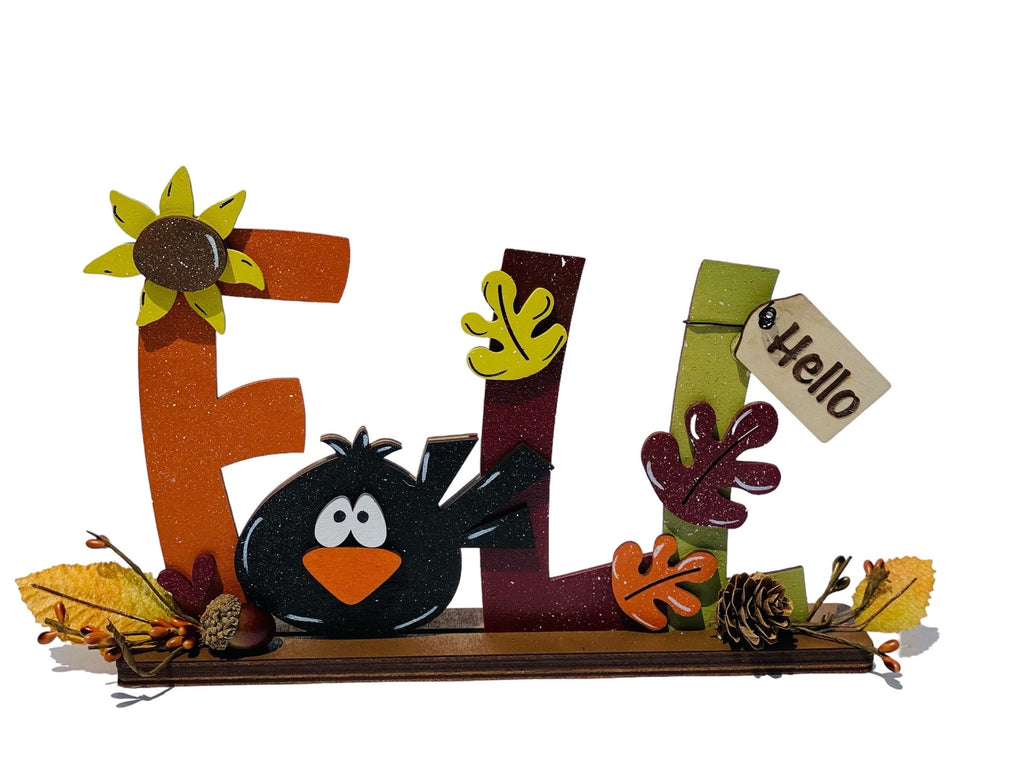 Hello Fall | Crow | Decorative | Shelf Sitter | Leaves Acorns