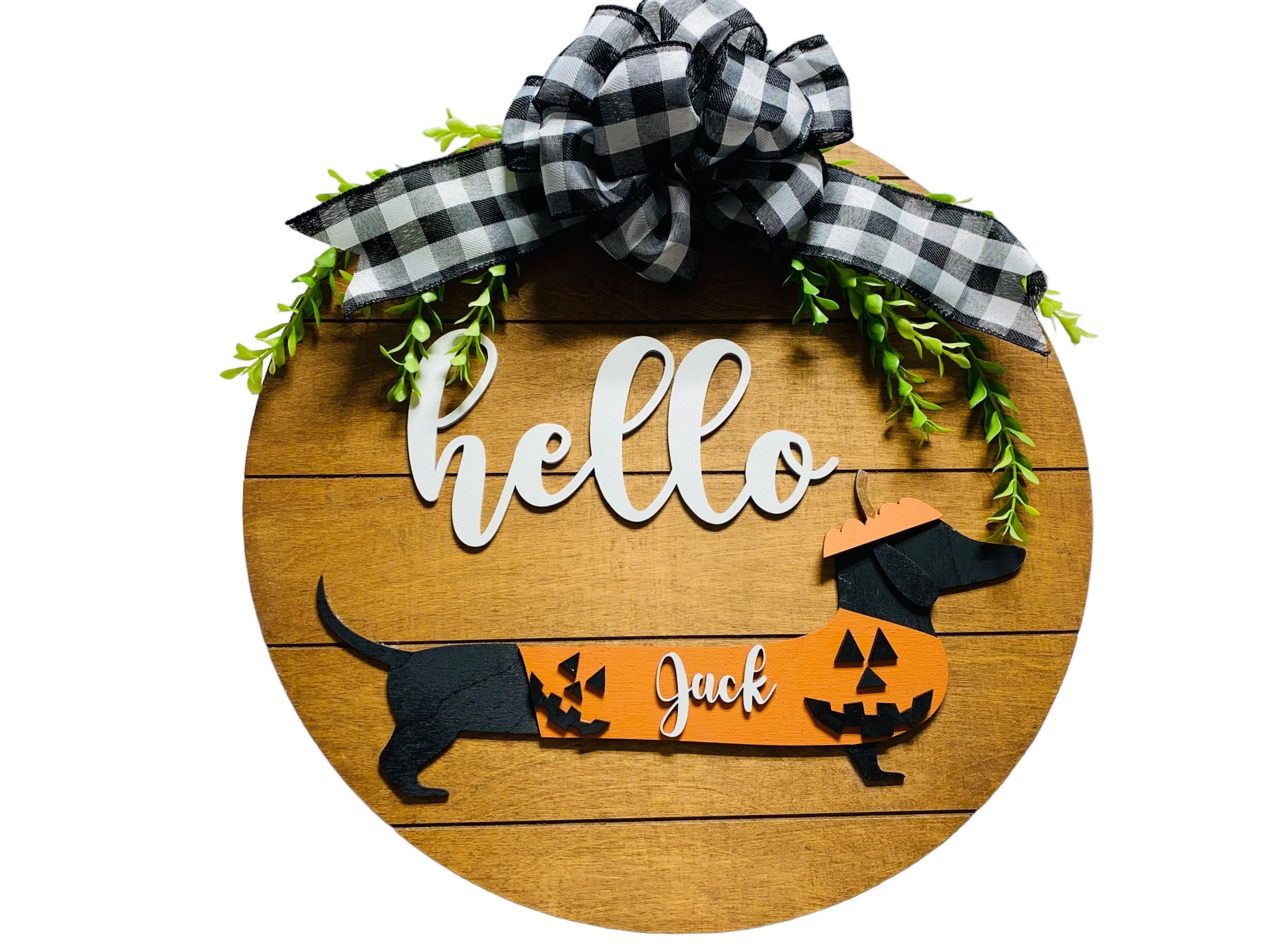 Add on Outfit for Dachshund Doxie - Halloween Jack O Lantern - Weiner Dog - Large Round Wooden Shiplap Door Hanger / Wreath / Sign