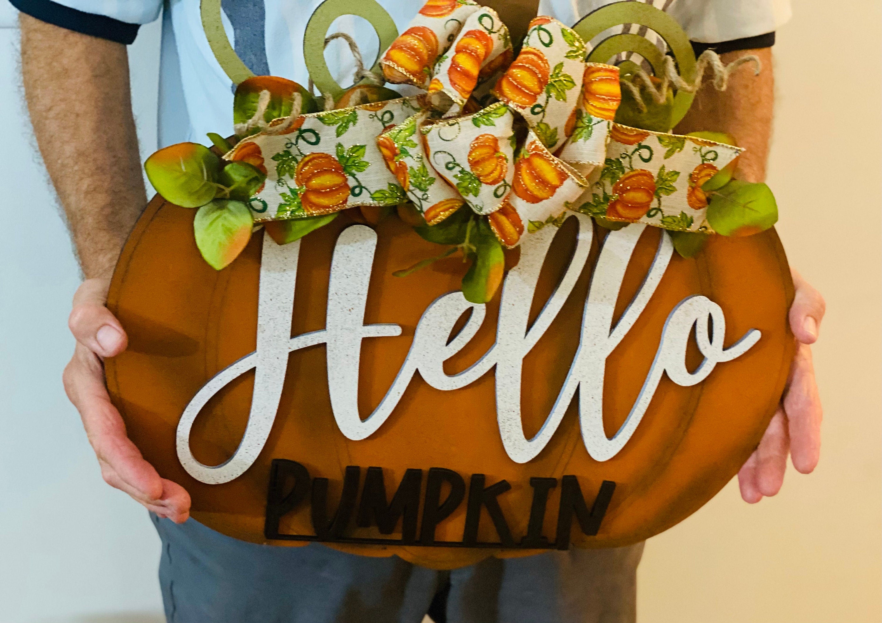 Fall  - Hello Pumpkin -  18"  Pumpkin Shaped - Wooden Autumn Door Sign / Wreath