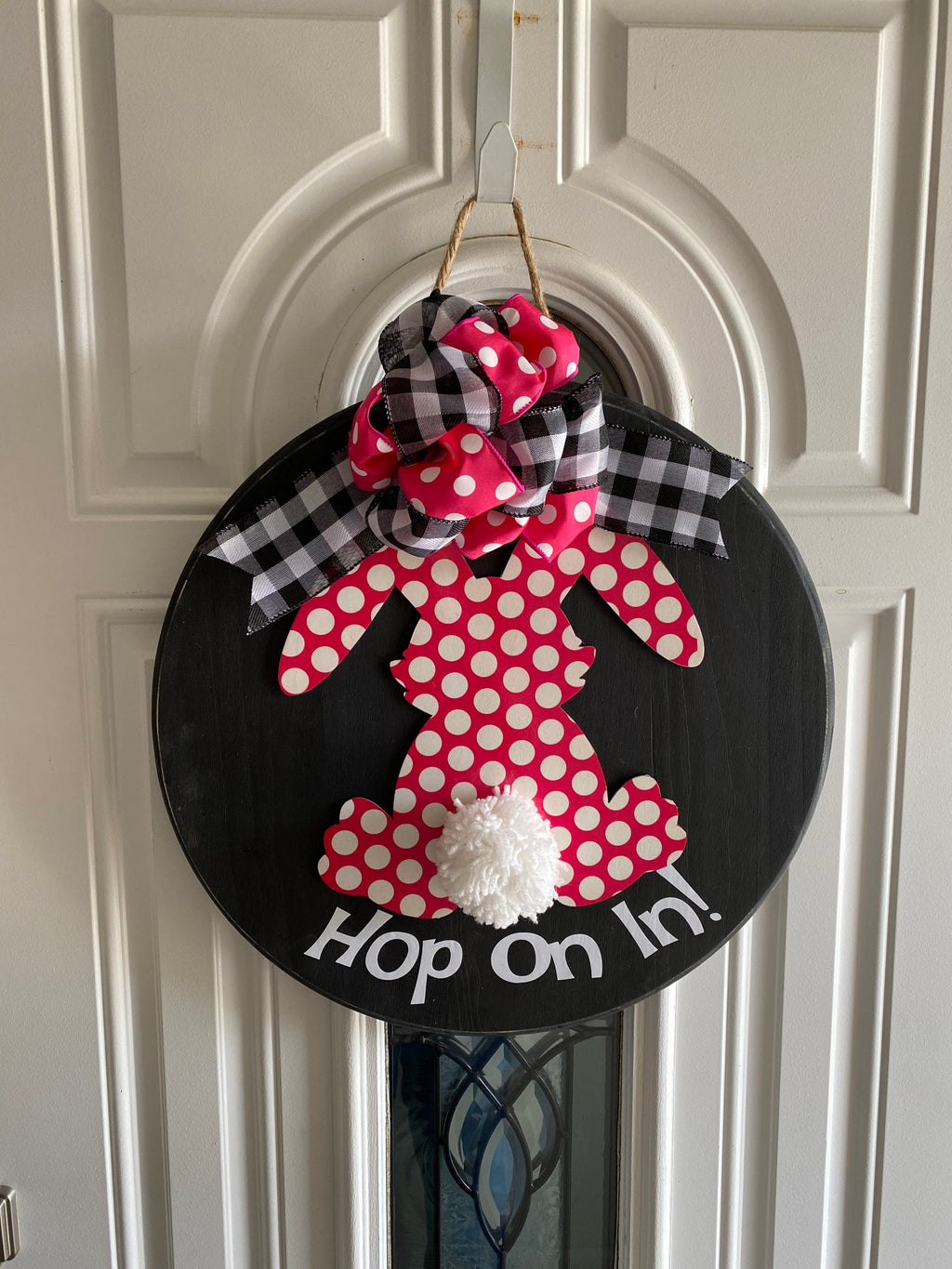 Hop On In - Polka Dot Easter Bunny - Wooden Door Sign / Wreath