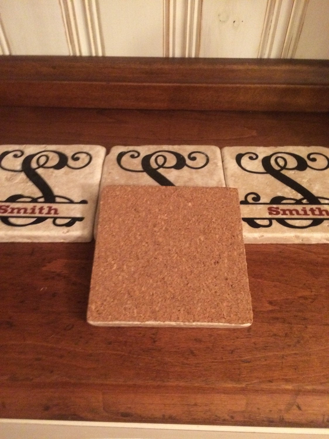 Personalized Split Monogram with Name Off White Stone 4 x 4 Tile Coasters Wedding Gift