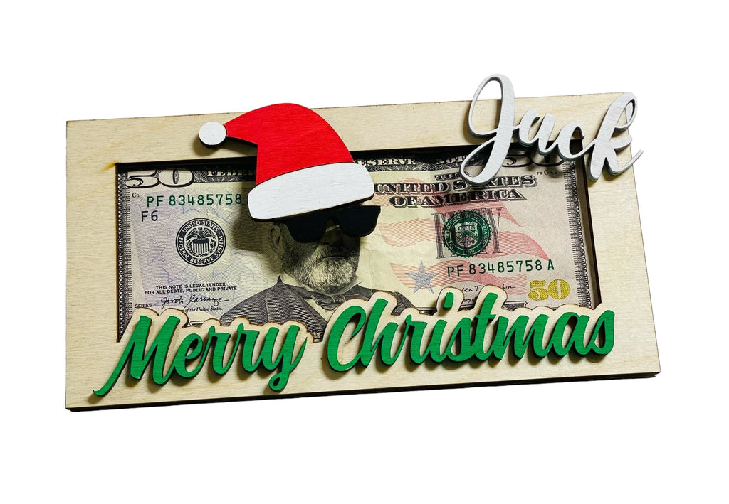 Personalized - Merry Christmas with Sunglasses  - Money  Holder - Wooden - Gift Present for Him Her