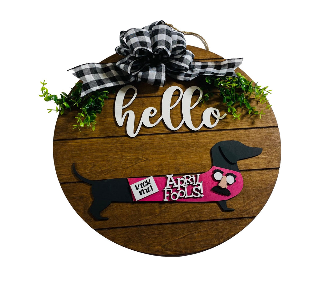 Add on Outfits for  Doxie - April Fools Day - Groundhog Day - Super Bowl  Dog - Large Round Wooden Shiplap Door Hanger / Wreath / Sign