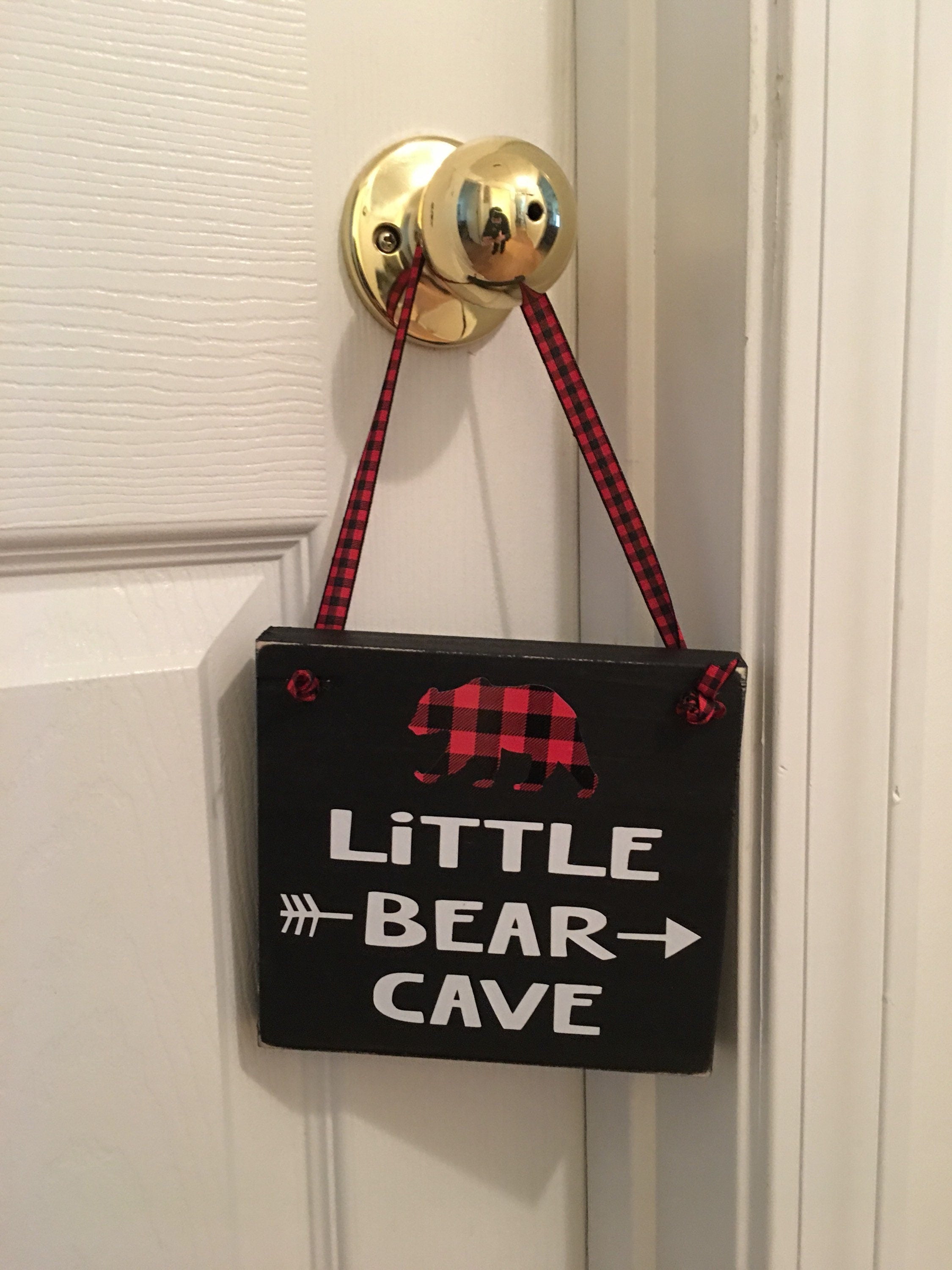 Black | Rustic | Little Bear Cave | Buffalo Plaid | Wooden | Door Sign | Door Hanger| Little Boys Room | Nursery