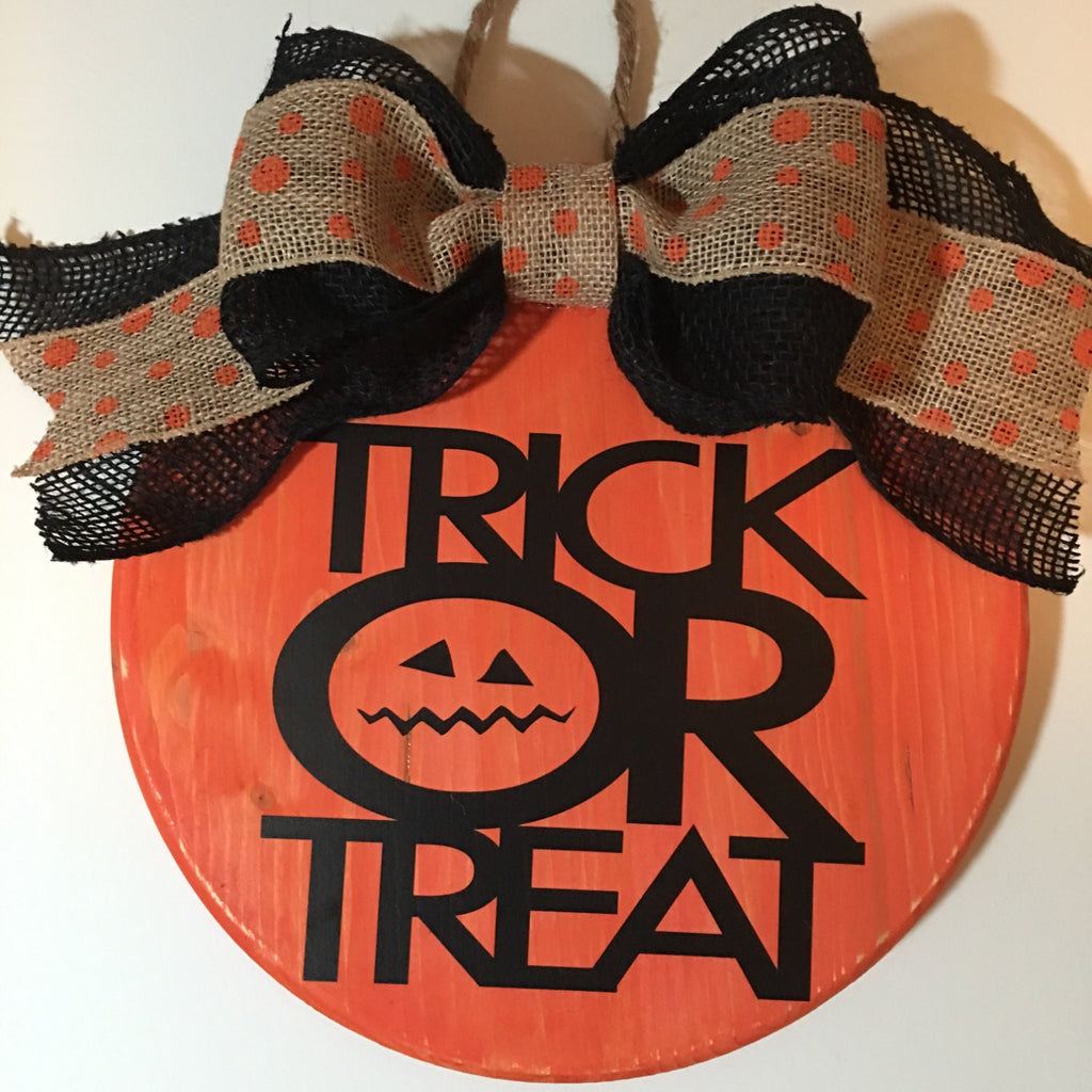 12" Round Orange Wooden Halloween Trick or Treat Door Sign / Wreath