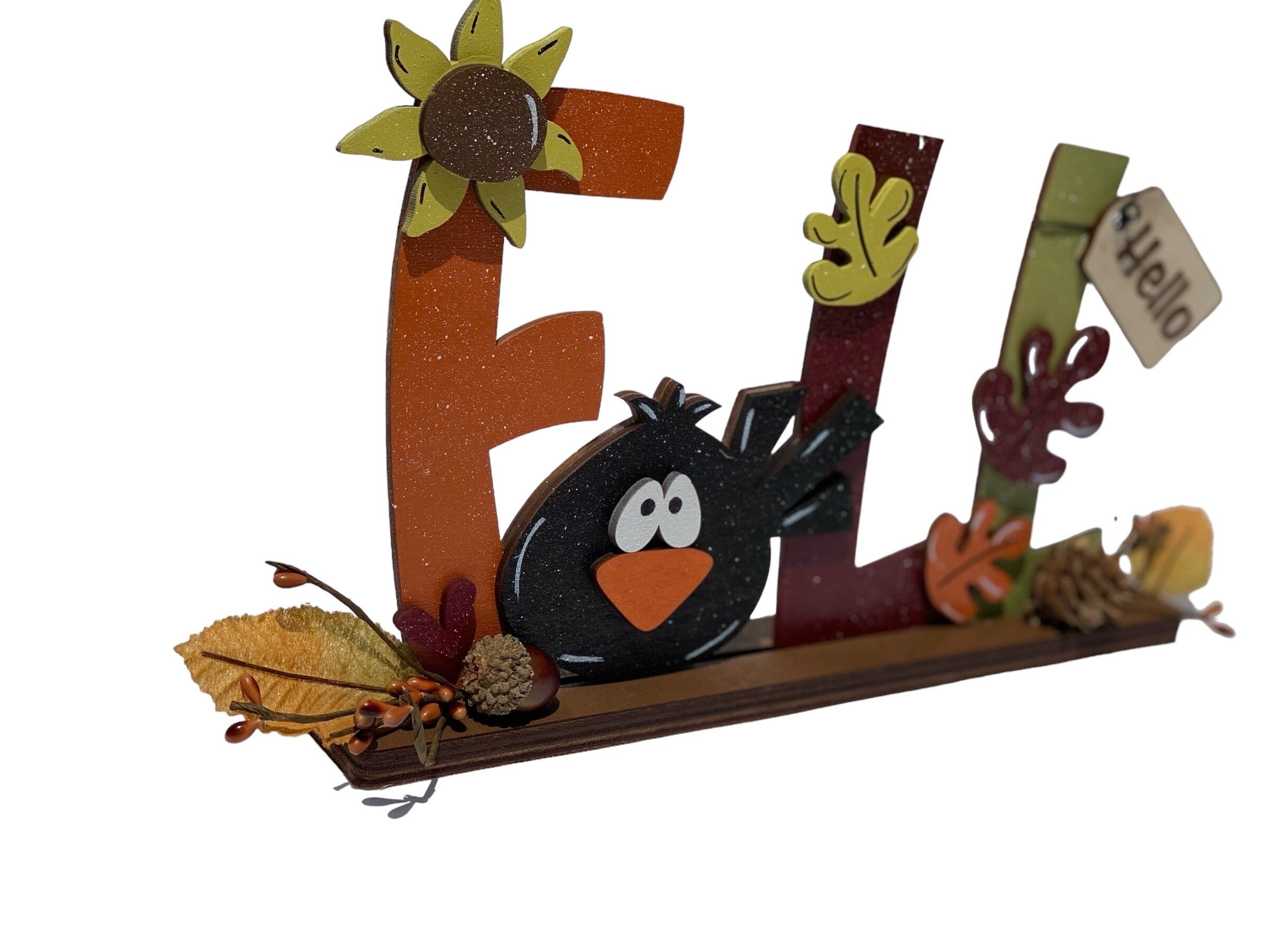 Hello Fall | Crow | Decorative | Shelf Sitter | Leaves Acorns