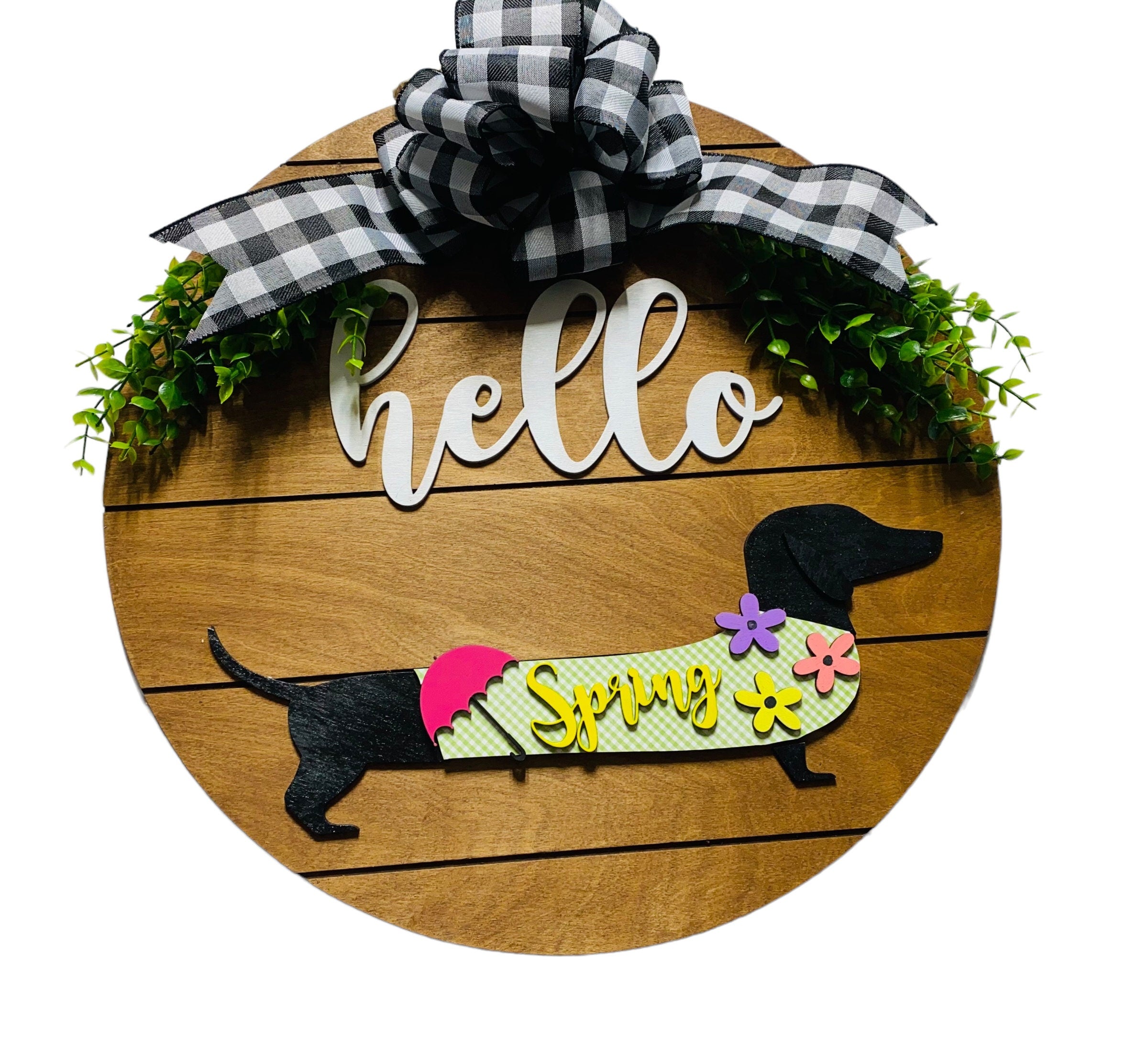 Add on Outfit for Dachshund Doxie - Spring - Weiner Dog - Large Round Wooden Shiplap Door Hanger / Wreath / Sign
