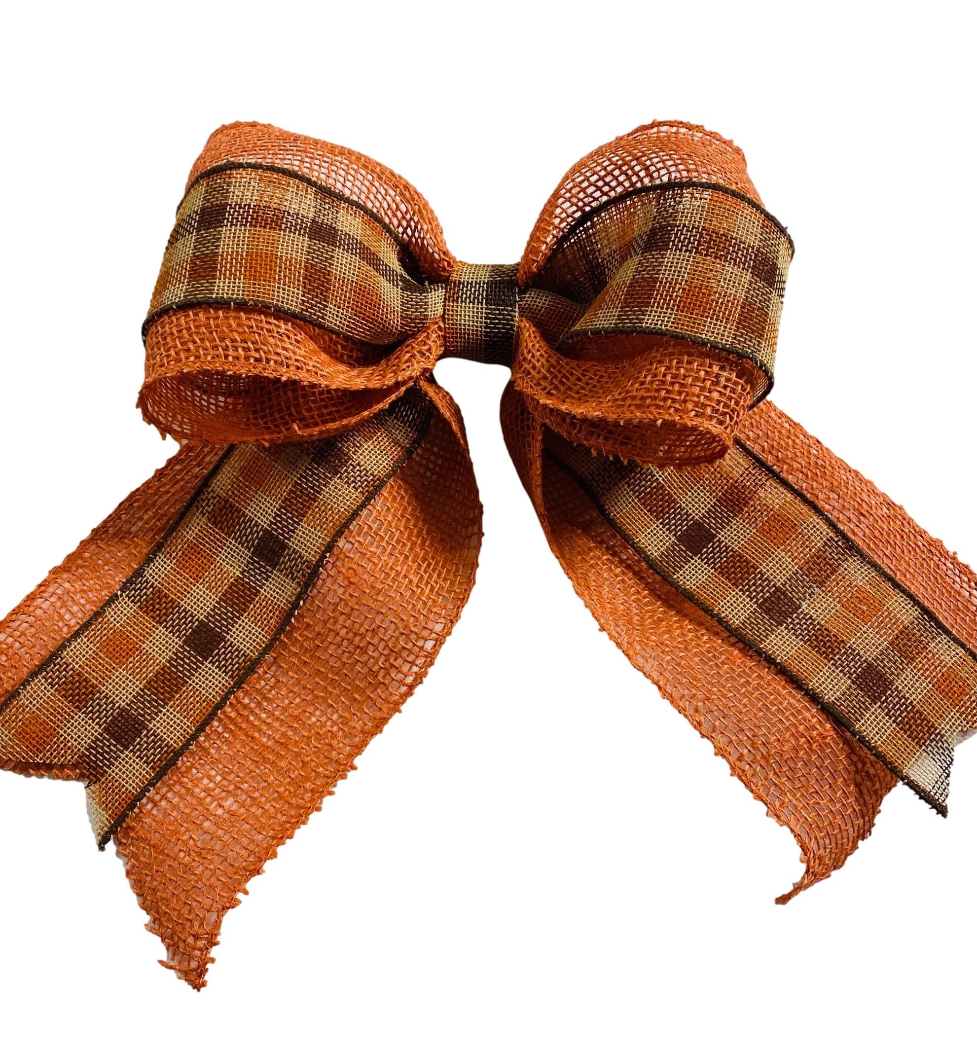 Orange Burlap - Brown Tan Orange Plaid - Single Loop - Thanksgiving Fall Add on Bow for Wreath Gift or Present