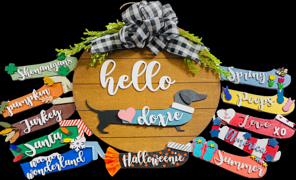 DIY Kit - Hello Dachshund - Doxie - Weiner Dog - Interchangeable Holidays Seasons - Unfinished Round Wooden Shiplap Door Hanger/Wreath/Sign