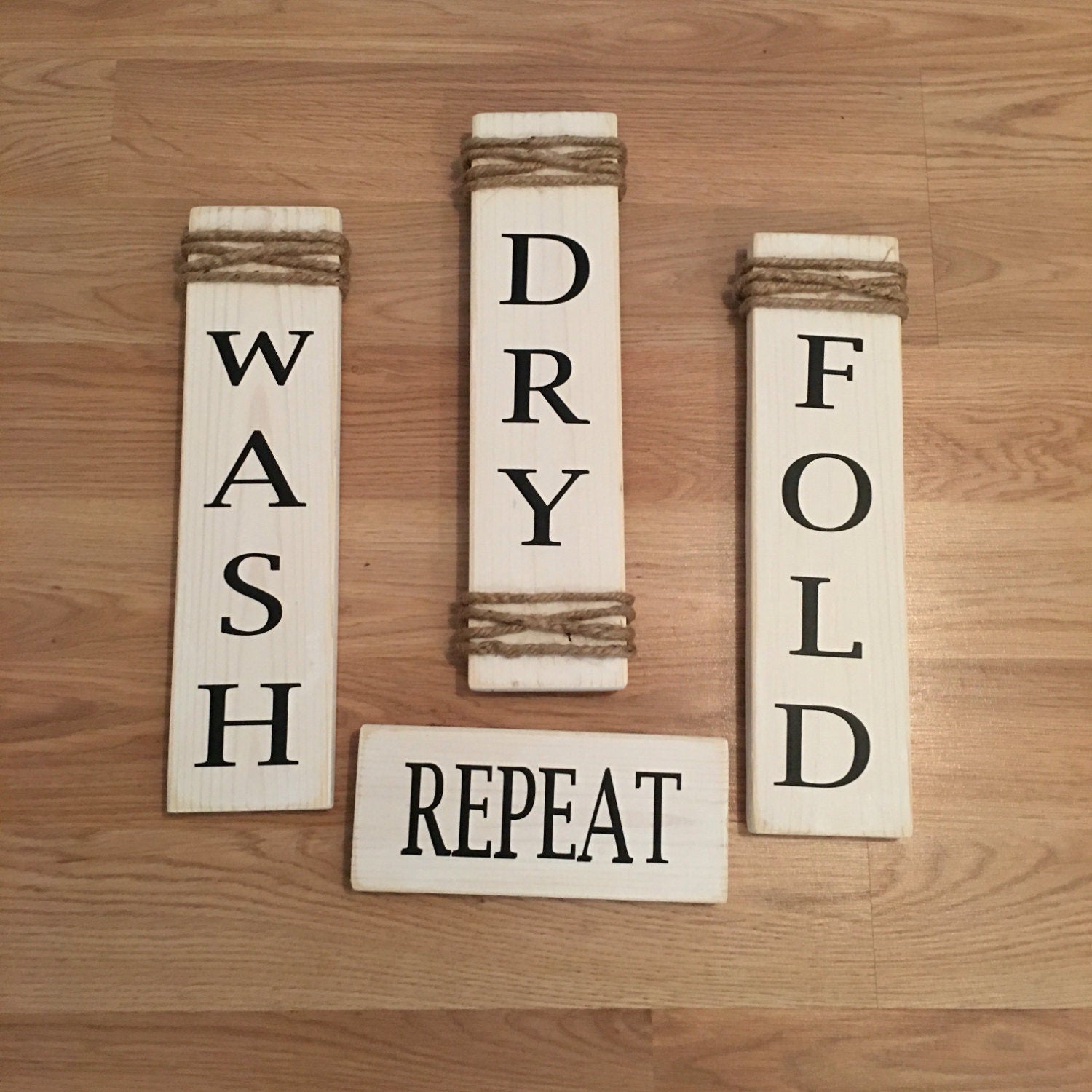 Rustic Set of 4 White Wooden Laundry Room Signs "Wash Dry Fold Repeat"