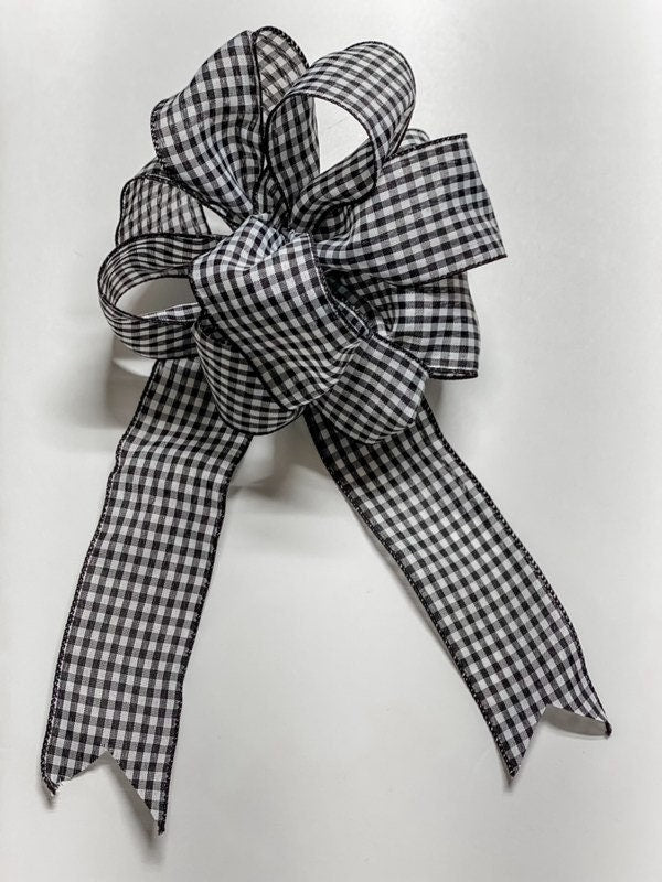 White / Black Small Checked Plaid - Add On Bow for Wreaths or Signs - Puffy Fluffy Bow for Gift or Present