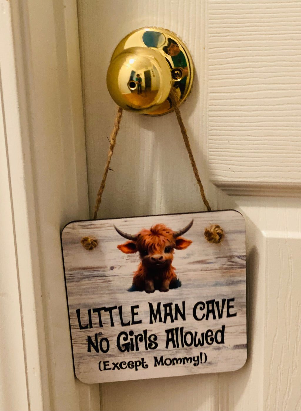 Adorable | Off White | Little Man Cave No Girls Allowed (Except Mommy!) ™ With Highland Cow | Wooden Door Sign | Little Boys Room / Nursery