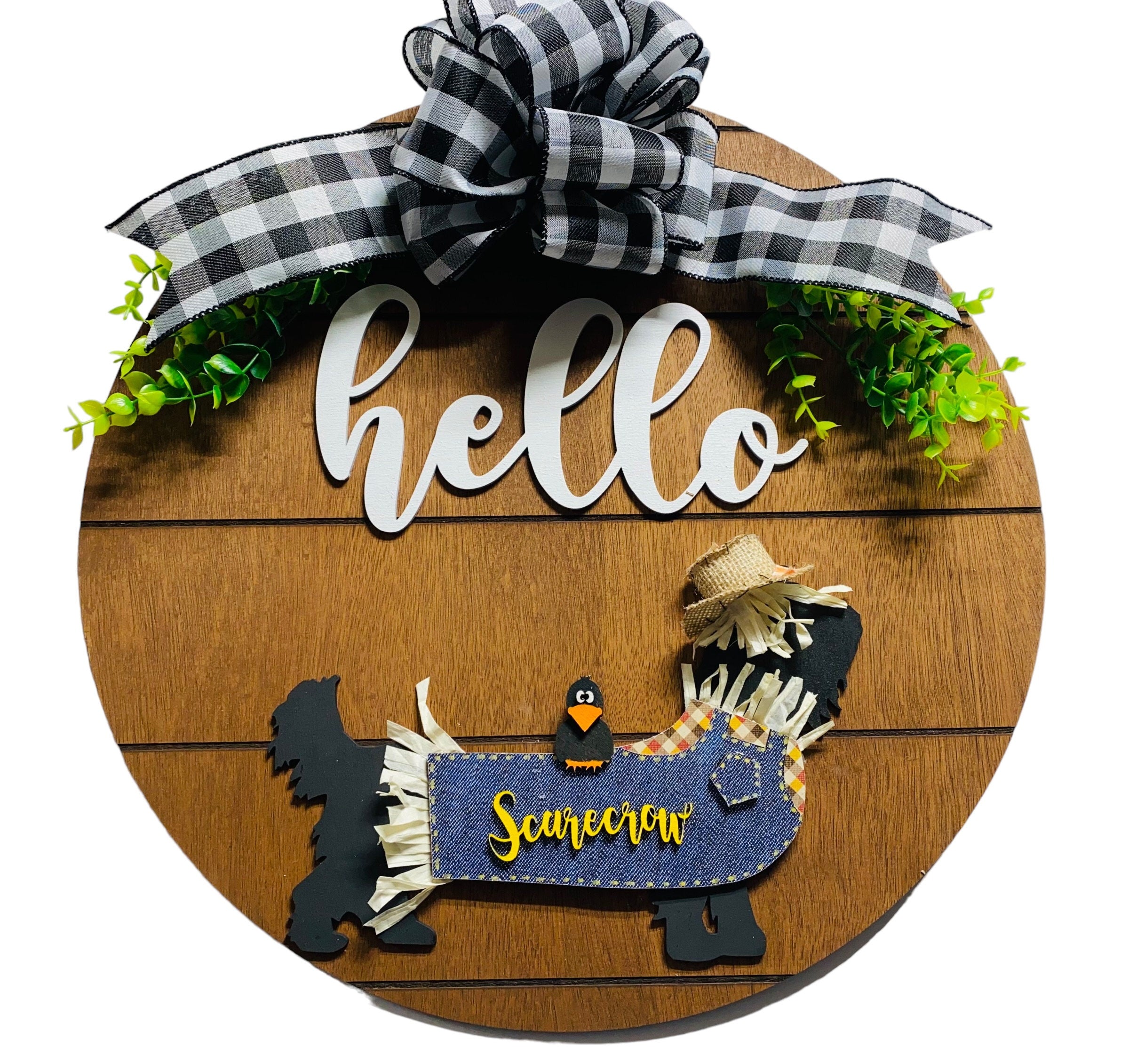 Add on Outfit for Yorkie Frenchie Pug - Fall  - Scarecrow - Dog - Large Round Wooden Shiplap Door Hanger / Wreath / Sign