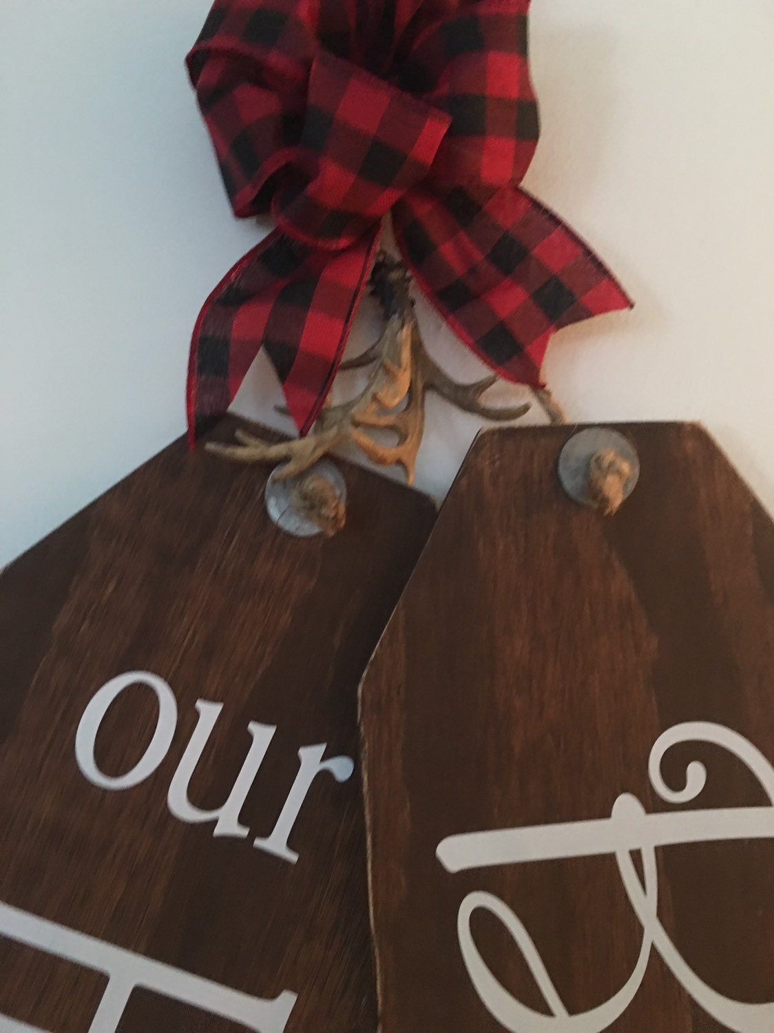 Bless Our Home - Antlers - Buffalo Plaid - Wooden - Door Tags - Sign