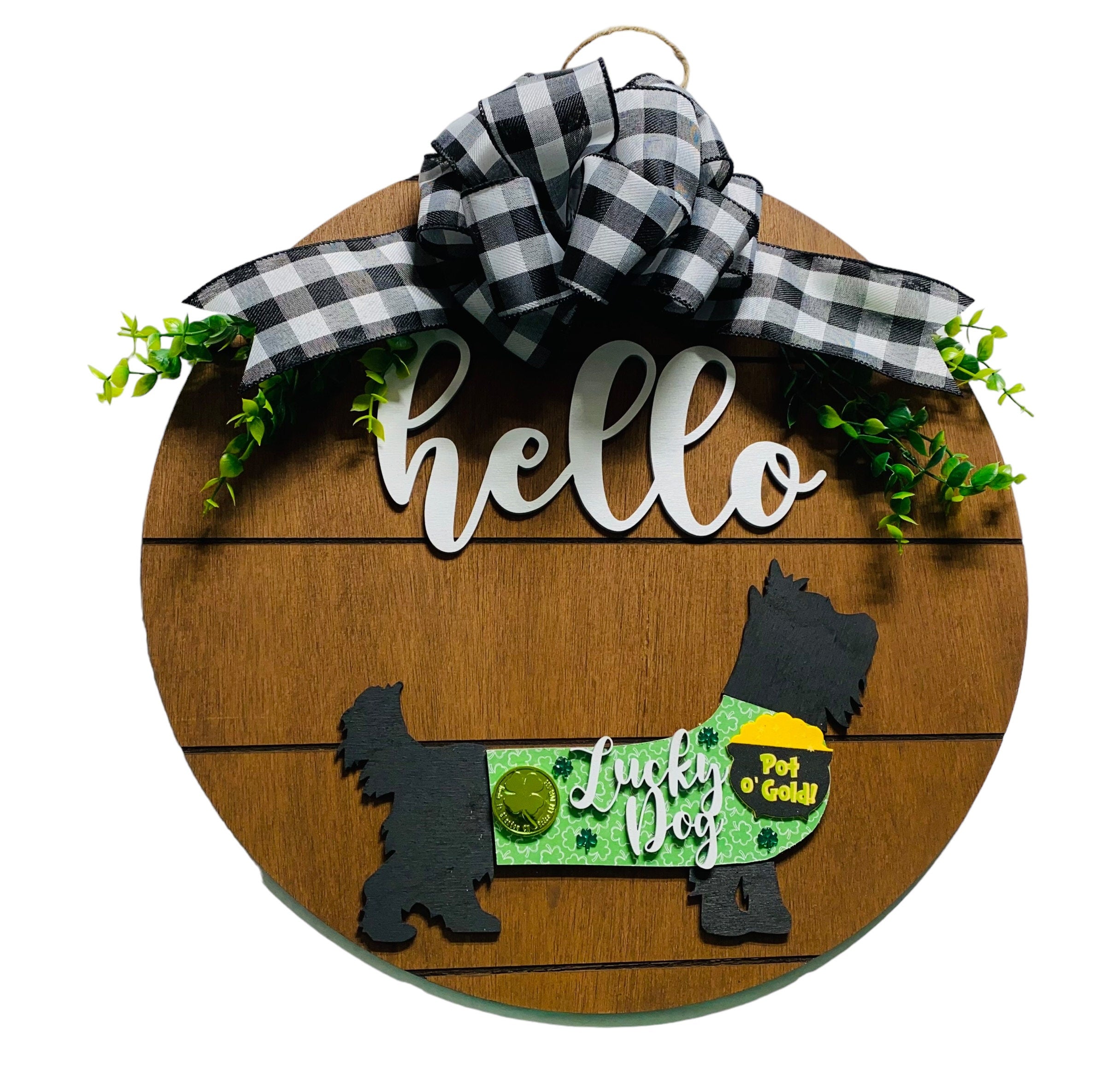 Add on Outfit for  Yorkie Frenchie Pug - Lucky Dog - Dog - Large Round Wooden Shiplap Door Hanger / Wreath / Sign