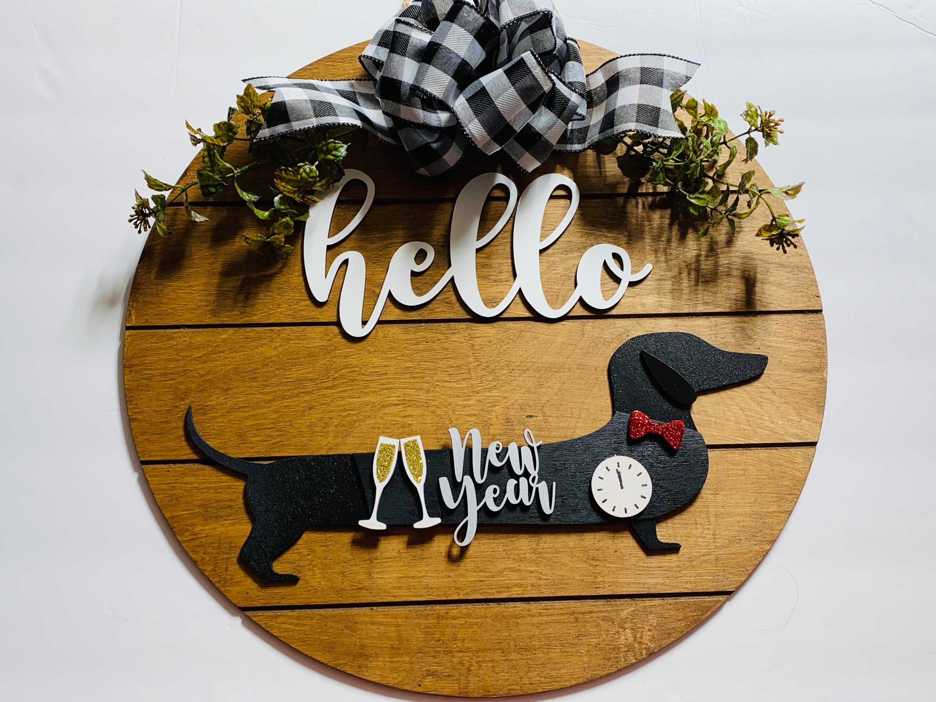 Add on Outfit for Dachshund Doxie - New Years - Weiner Dog - Large Round Wooden Shiplap Door Hanger / Wreath / Sign