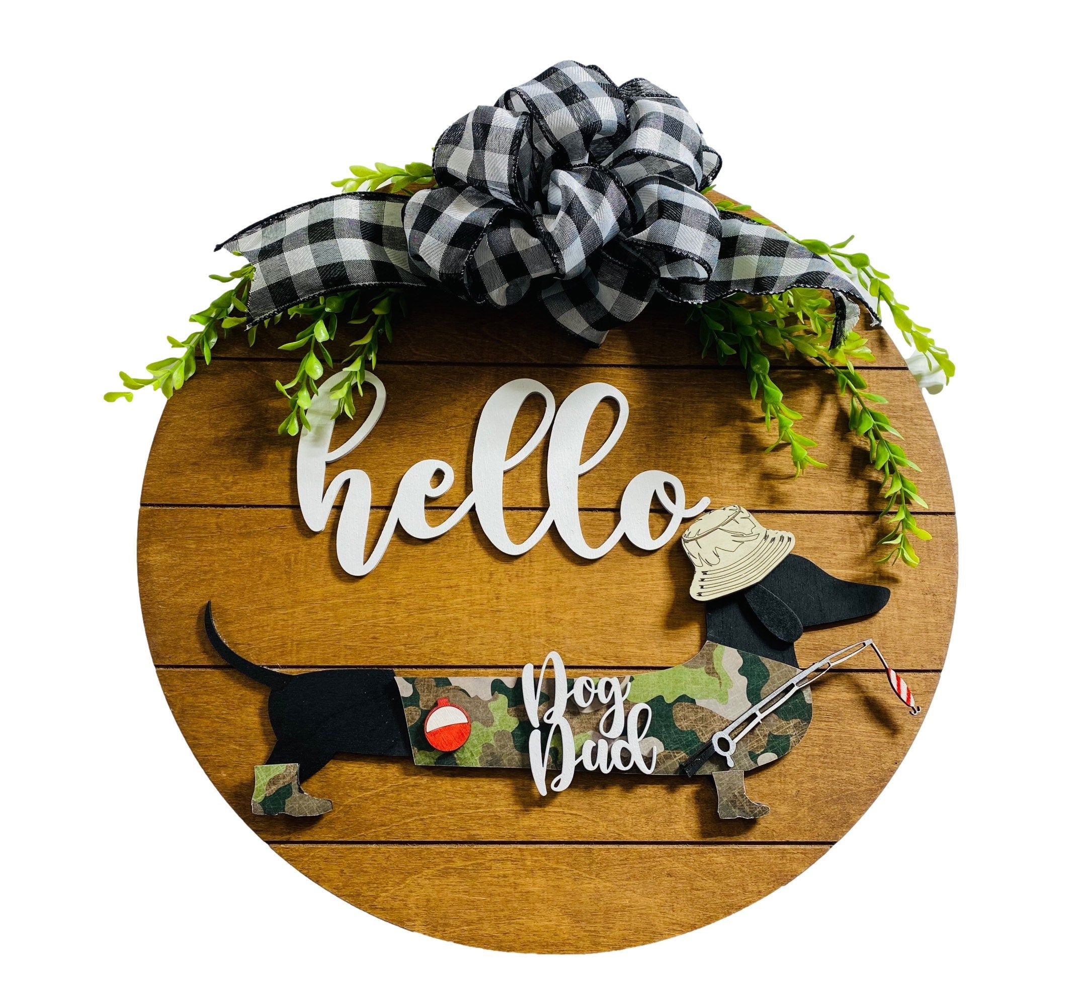 Add on Outfit for Dachshund Doxie - Fathers Day - Father’s Day - Weiner Dog - Large Round Wooden Shiplap Door Hanger / Wreath / Sign