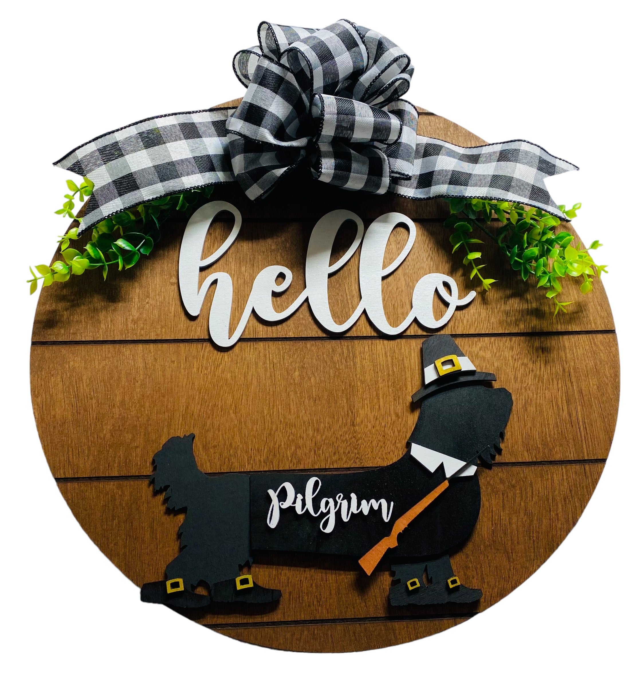 Add on Outfit for Yorkie Frenchie Pug  - Thanksgiving - Pilgrim - Dog - Large Round Wooden Shiplap Door Hanger/Wreath/Sign