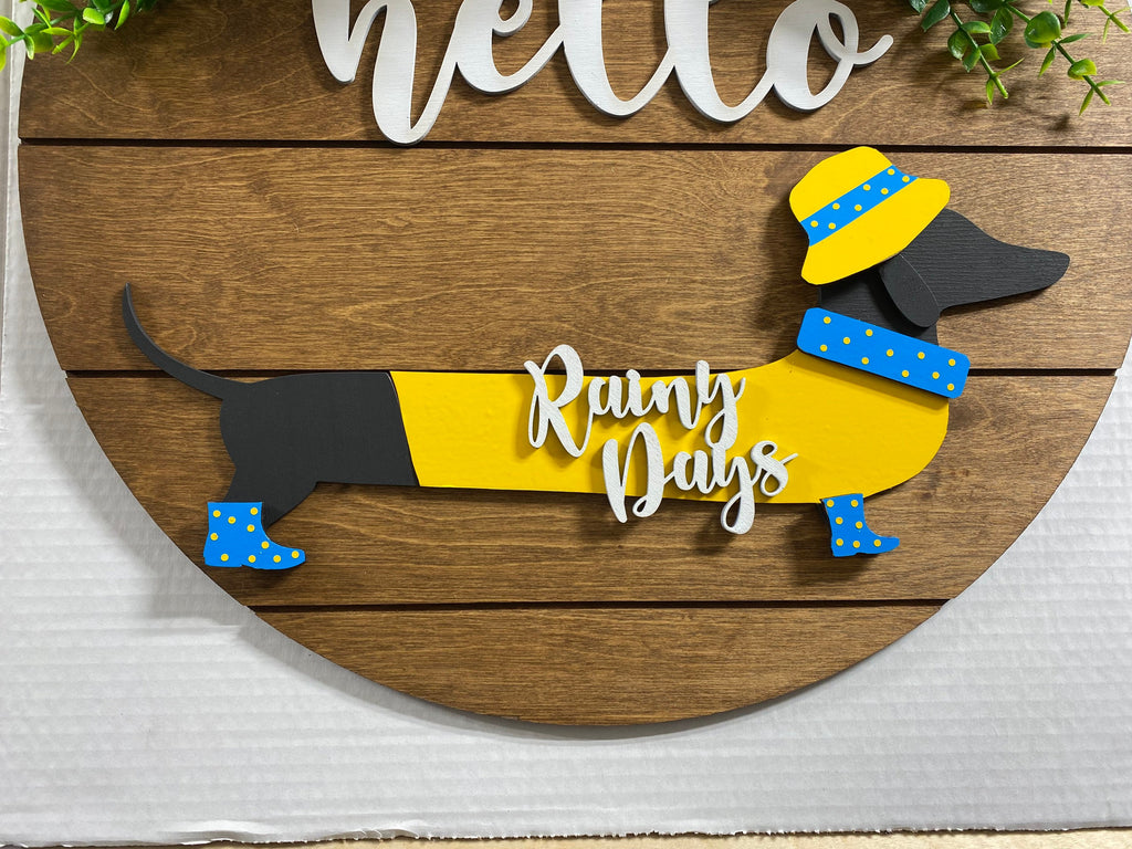 Add on Outfit for Dachshund Doxie - Rainy Days - Weiner Dog - Large Round Wooden Shiplap Door Hanger / Wreath / Sign