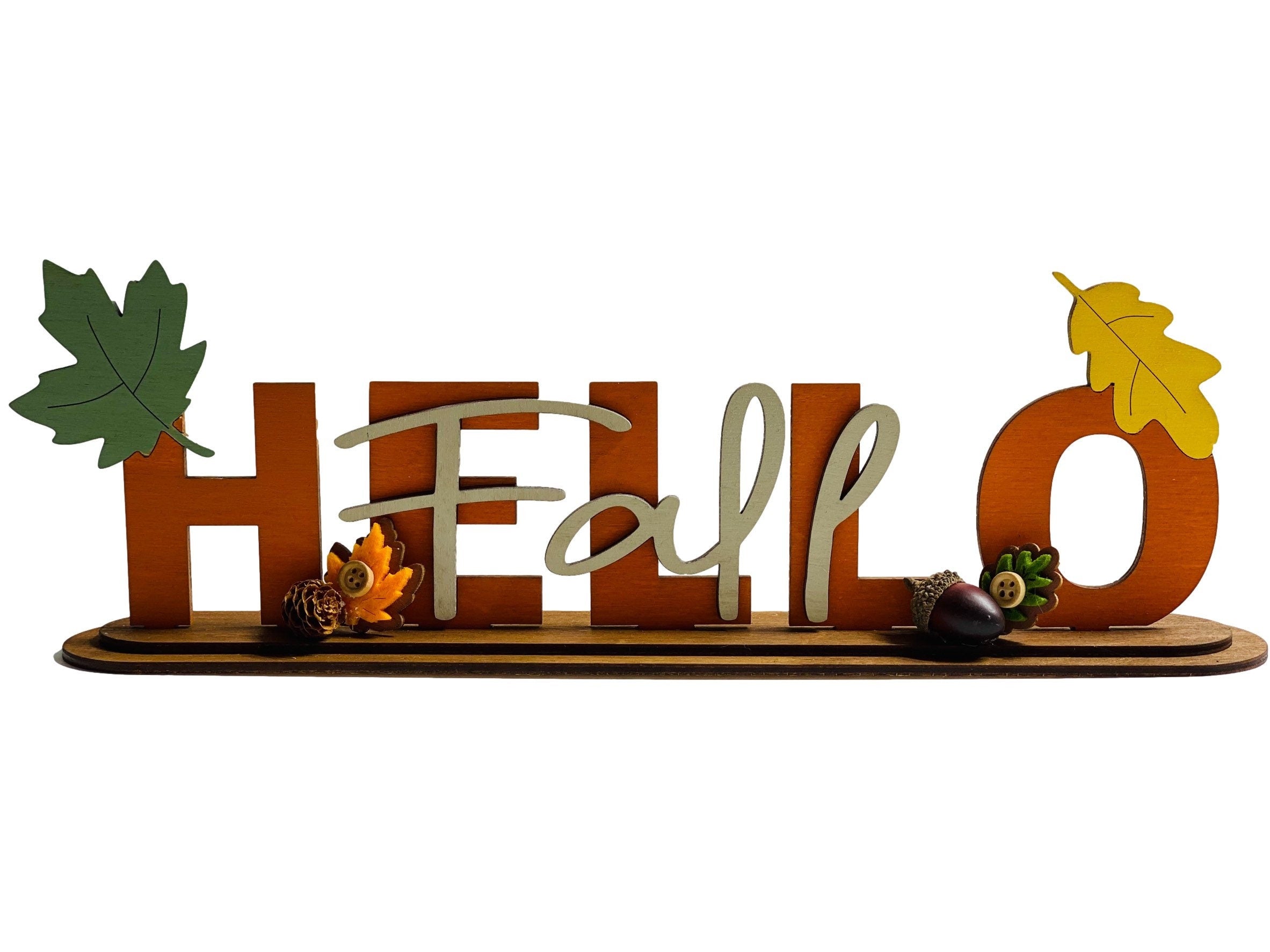 Hello Fall | Decorative | Shelf Sitter | Leaves Acorns