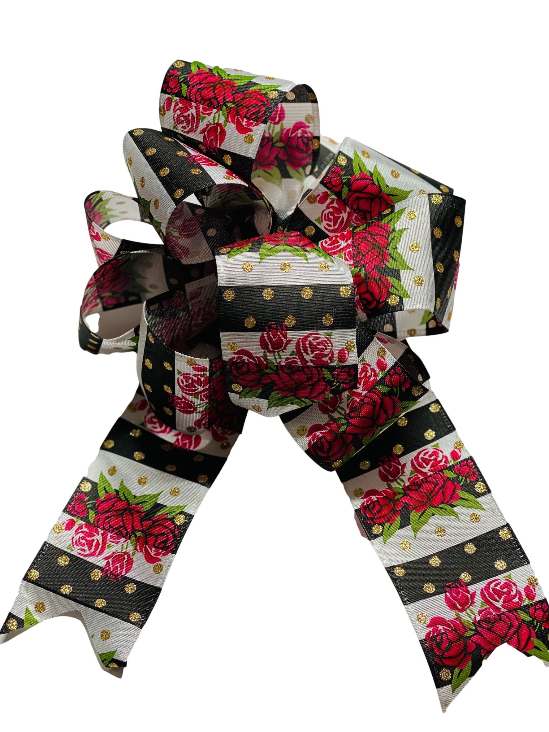 Roses - Black White Stripes - Spring Summer - Add On Bow for Wreaths or Signs - Puffy Fluffy Bow for Gift or Present