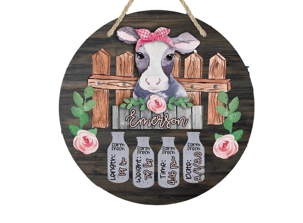 Girly - Farm Nursery - Hospital Room - Personalized - Roses - Cow and Milk Jugs - Baby Shower Gift - Door Sign / Wreath