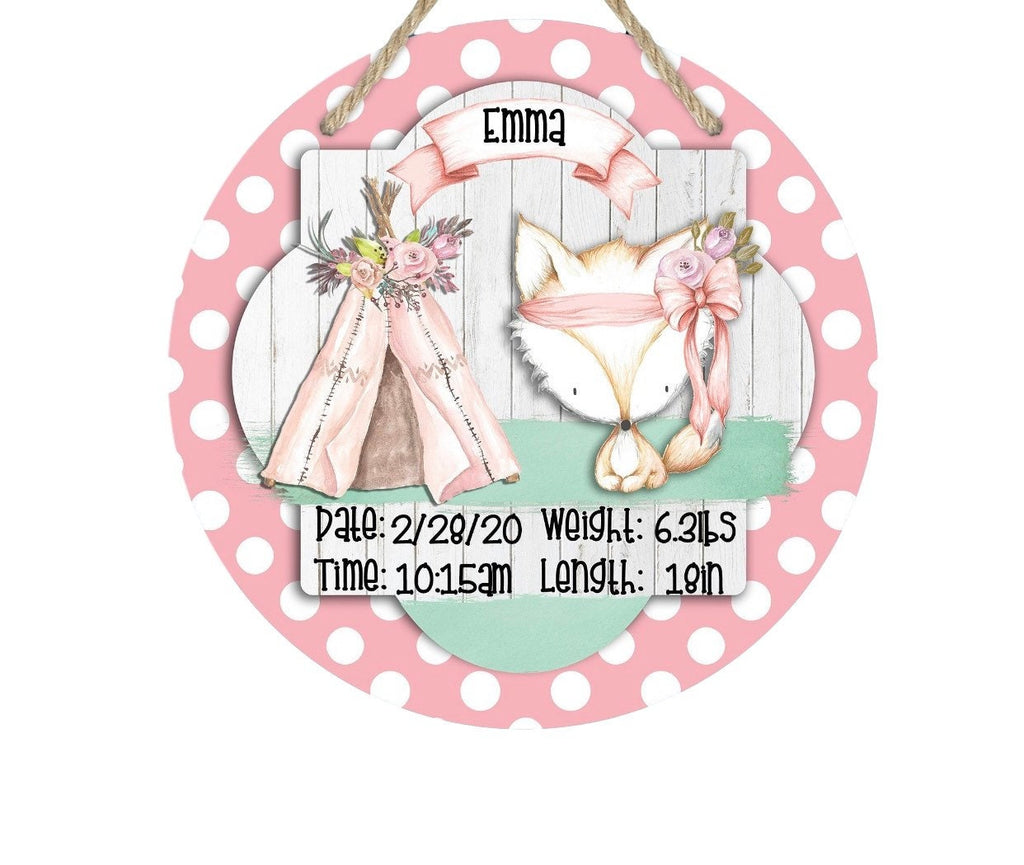 Woodsy Girl Nursery - Hospital Room - Personalized - Fox - Coral Polka Dot - Baby Shower Gift - Door Sign / Wreath