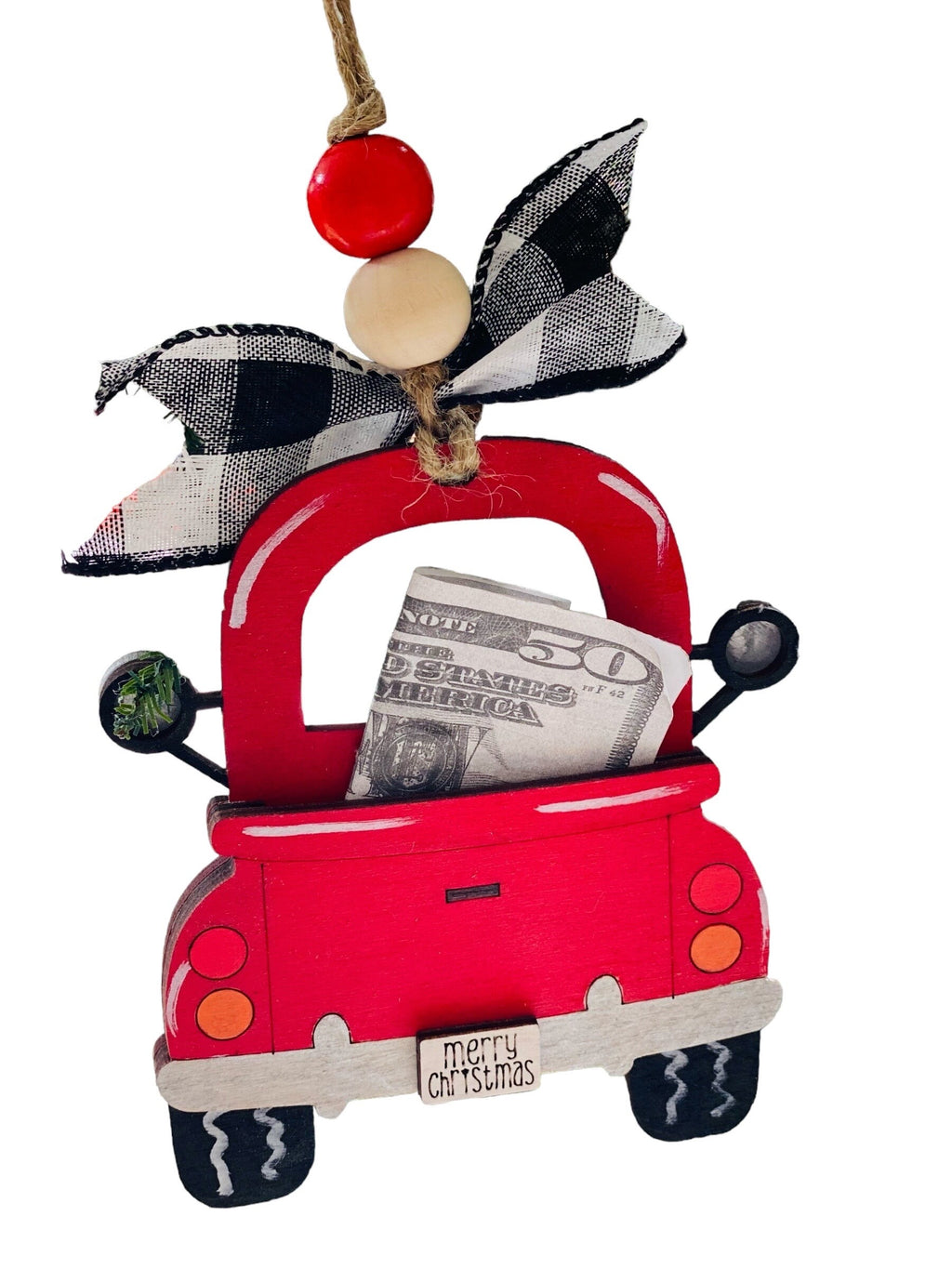 Vintage Red Truck  -  Christmas Money or Gift Card Holder - Wooden Ornament
