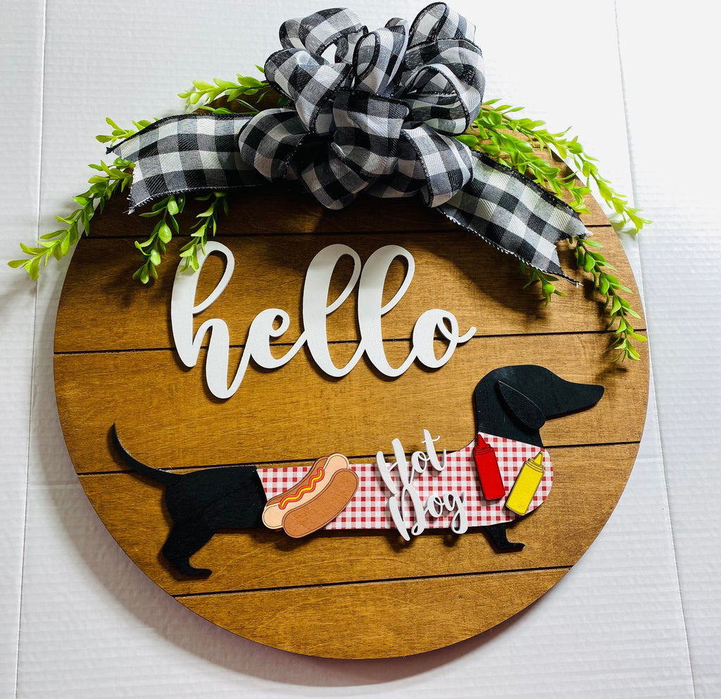 Add on Outfit for Dachshund Doxie - Hot Dog - BBQ - Weiner Dog - Large Round Wooden Shiplap Door Hanger / Wreath / Sign
