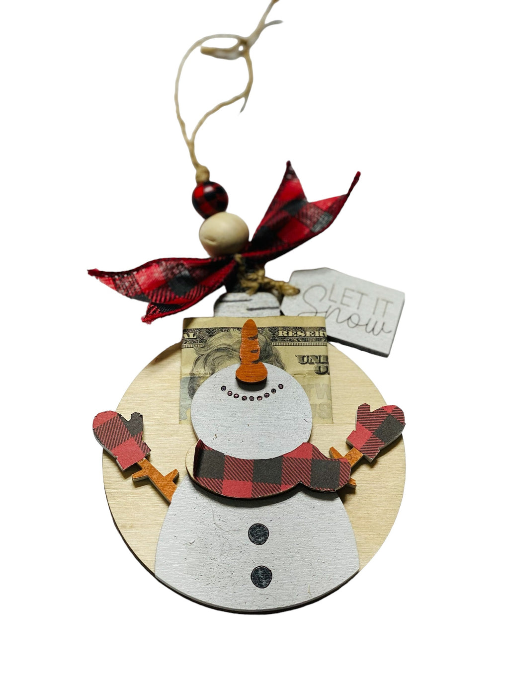 Let It Snow - Snowman -  Christmas Money or Gift Card Holder - Wooden Ornament