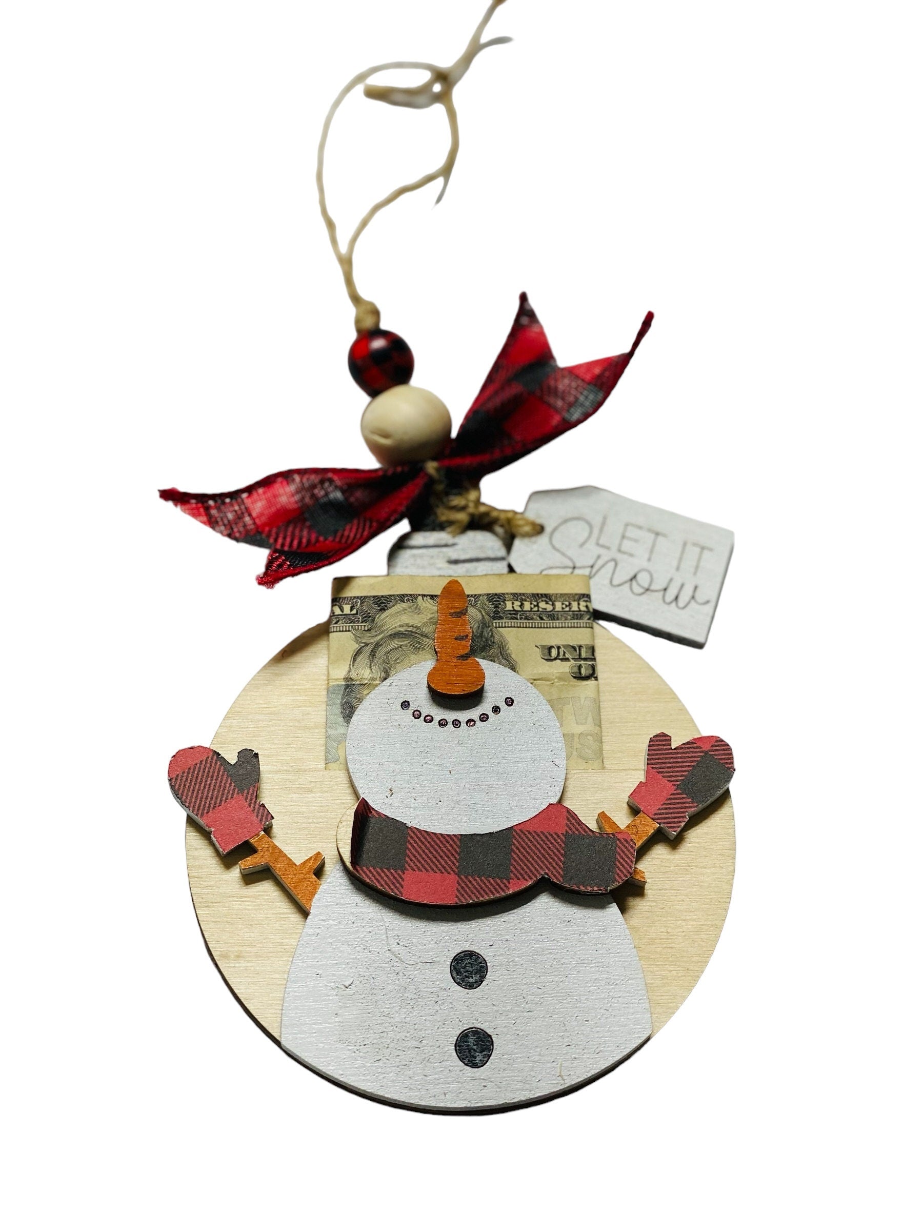 Let It Snow - Snowman -  Christmas Money or Gift Card Holder - Wooden Ornament