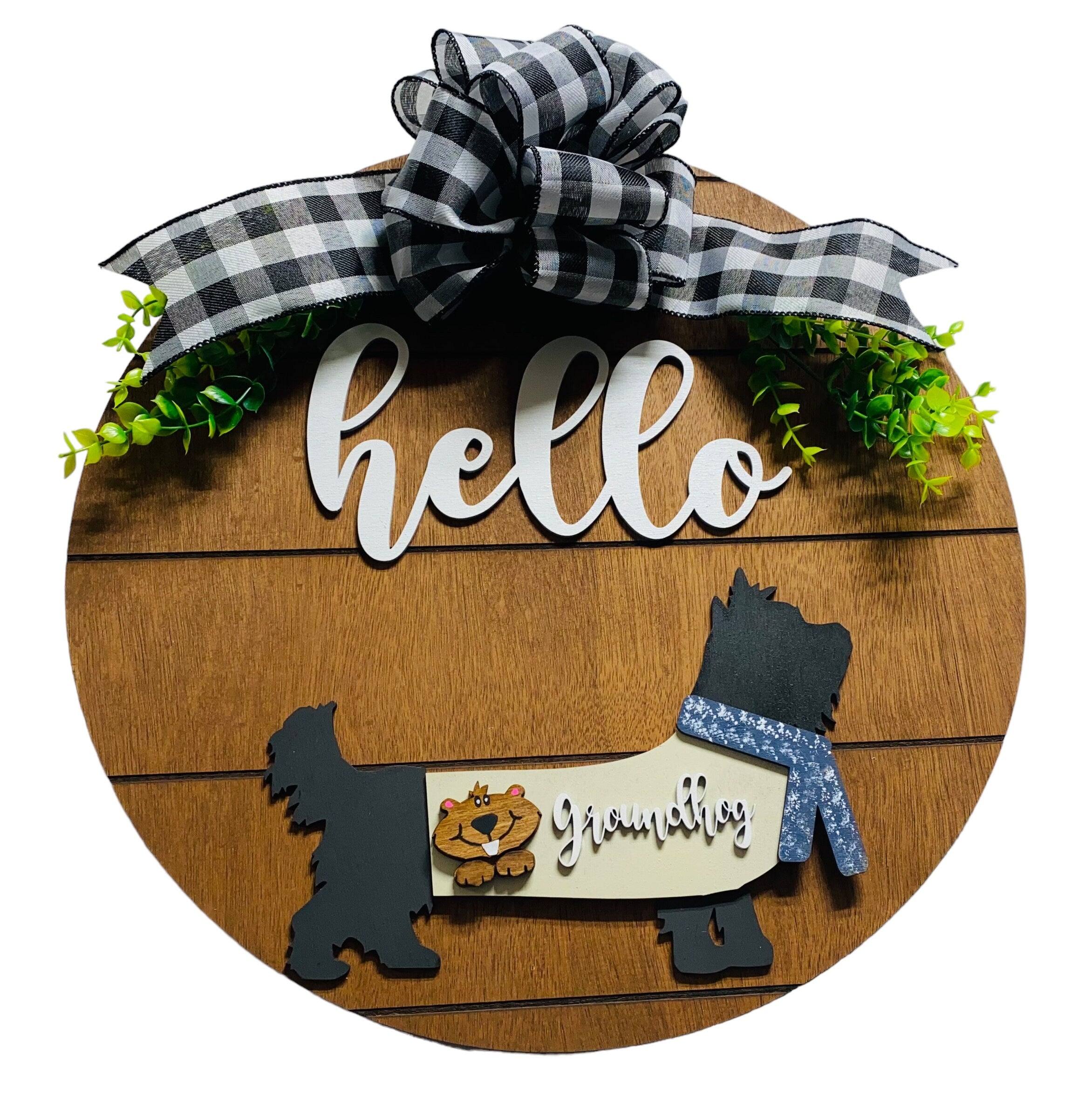 Add on Outfit for  Yorkie Frenchie Pug - Groundhog Day - Dog - Large Round Wooden Shiplap Door Hanger / Wreath / Sign