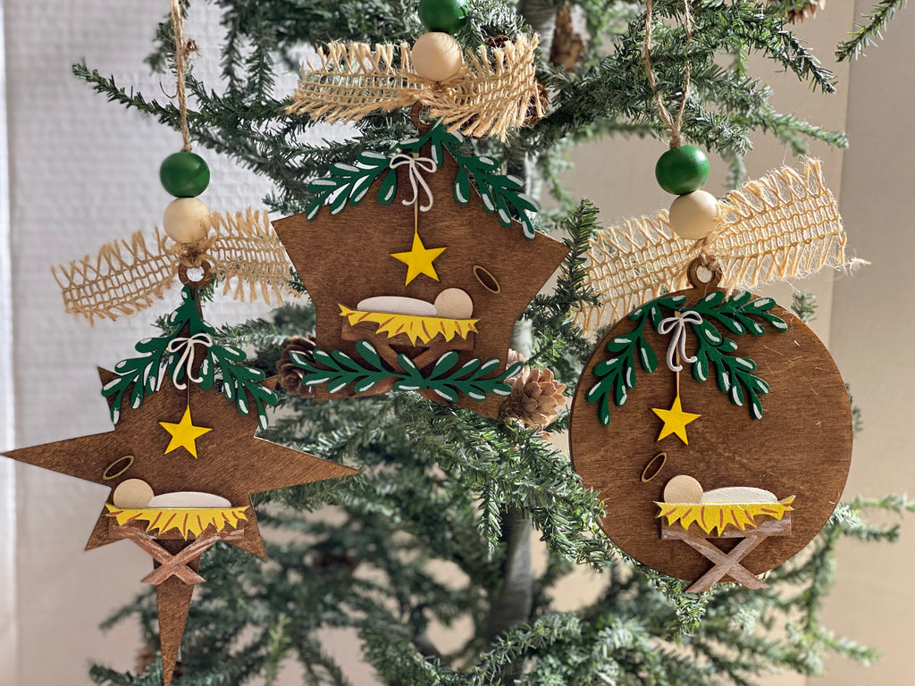Set of 3 - Away in the Manger - Layered Wooden Christmas Ornaments