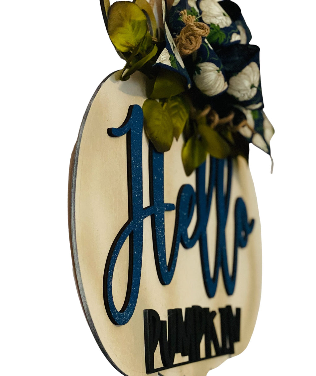 Fall  - Off White - Hello Pumpkin -  18"  Pumpkin Shaped - Wooden Autumn Door Sign / Wreath