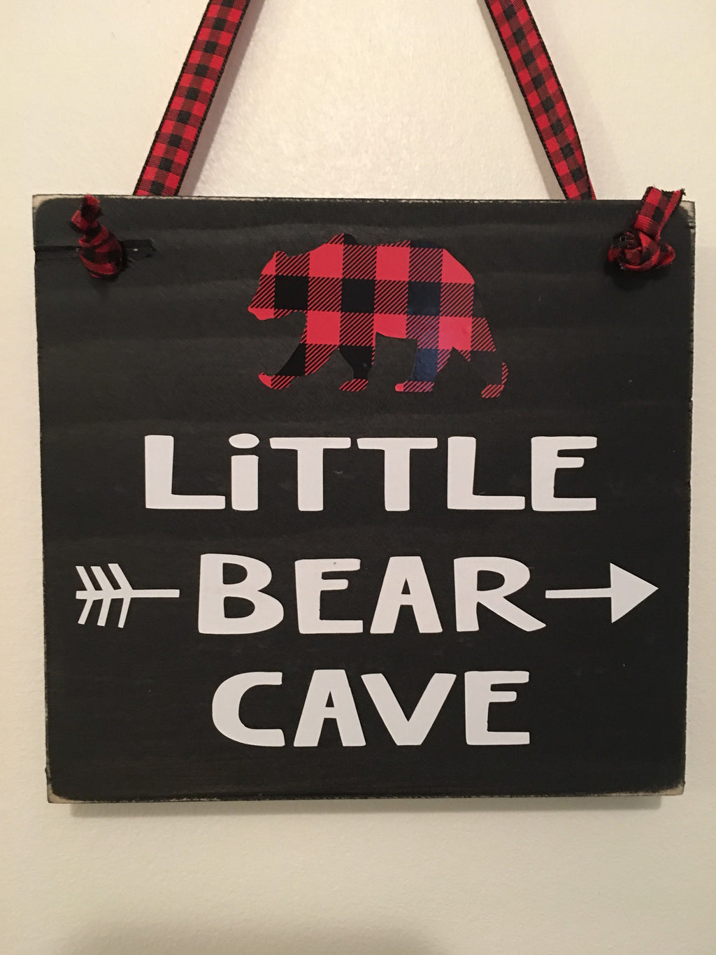 Black | Rustic | Little Bear Cave | Buffalo Plaid | Wooden | Door Sign | Door Hanger| Little Boys Room | Nursery