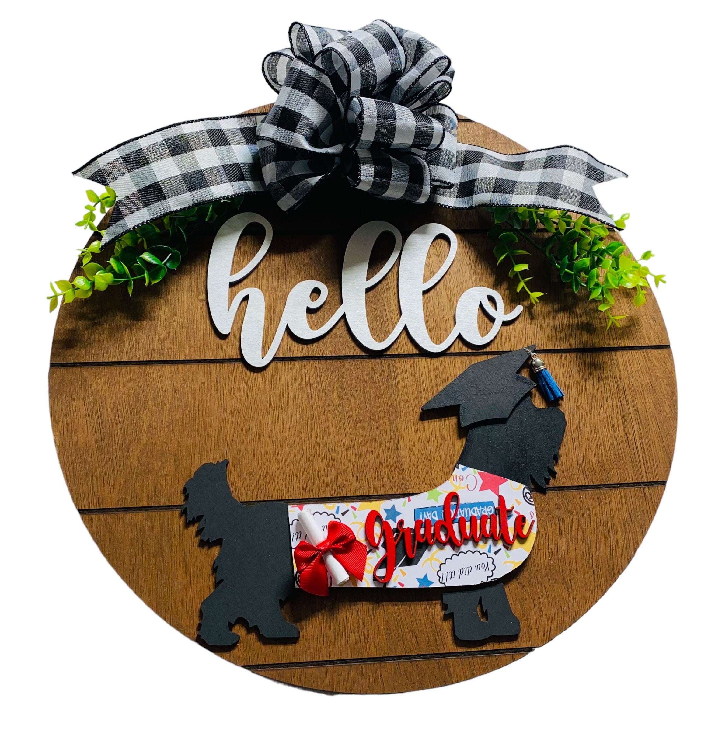 Add on Outfit for  Yorkie Frenchie Pug - Graduate - Graduation - Dog - Large Round Wooden Shiplap Door Hanger / Wreath / Sign