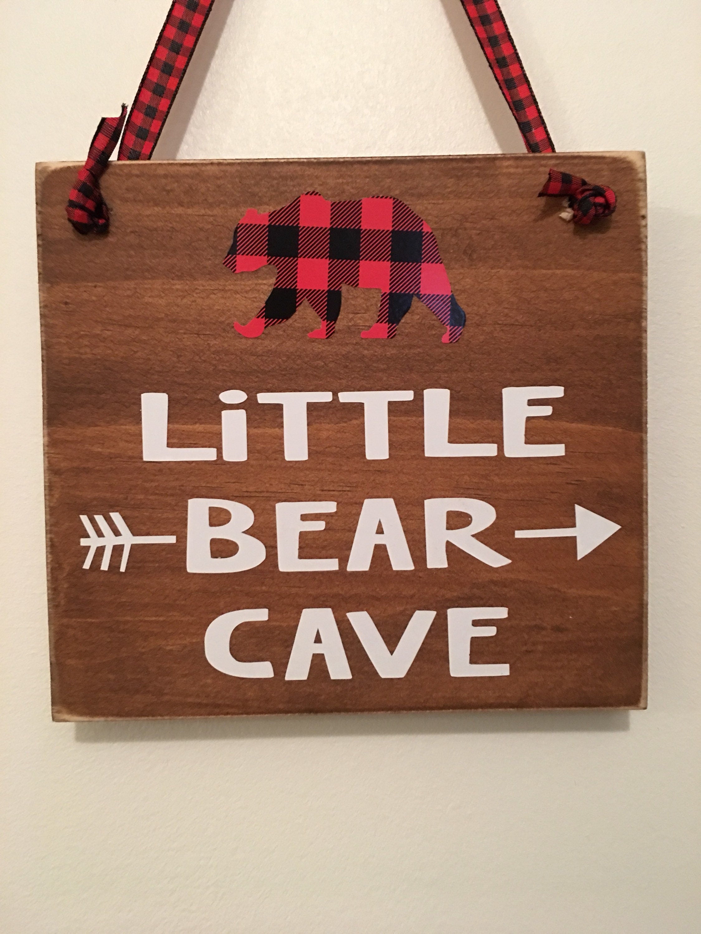 Brown | Rustic | Little Bear Cave | Buffalo Plaid | Wooden | Door Sign | Door Hanger| Little Boys Room | Nursery
